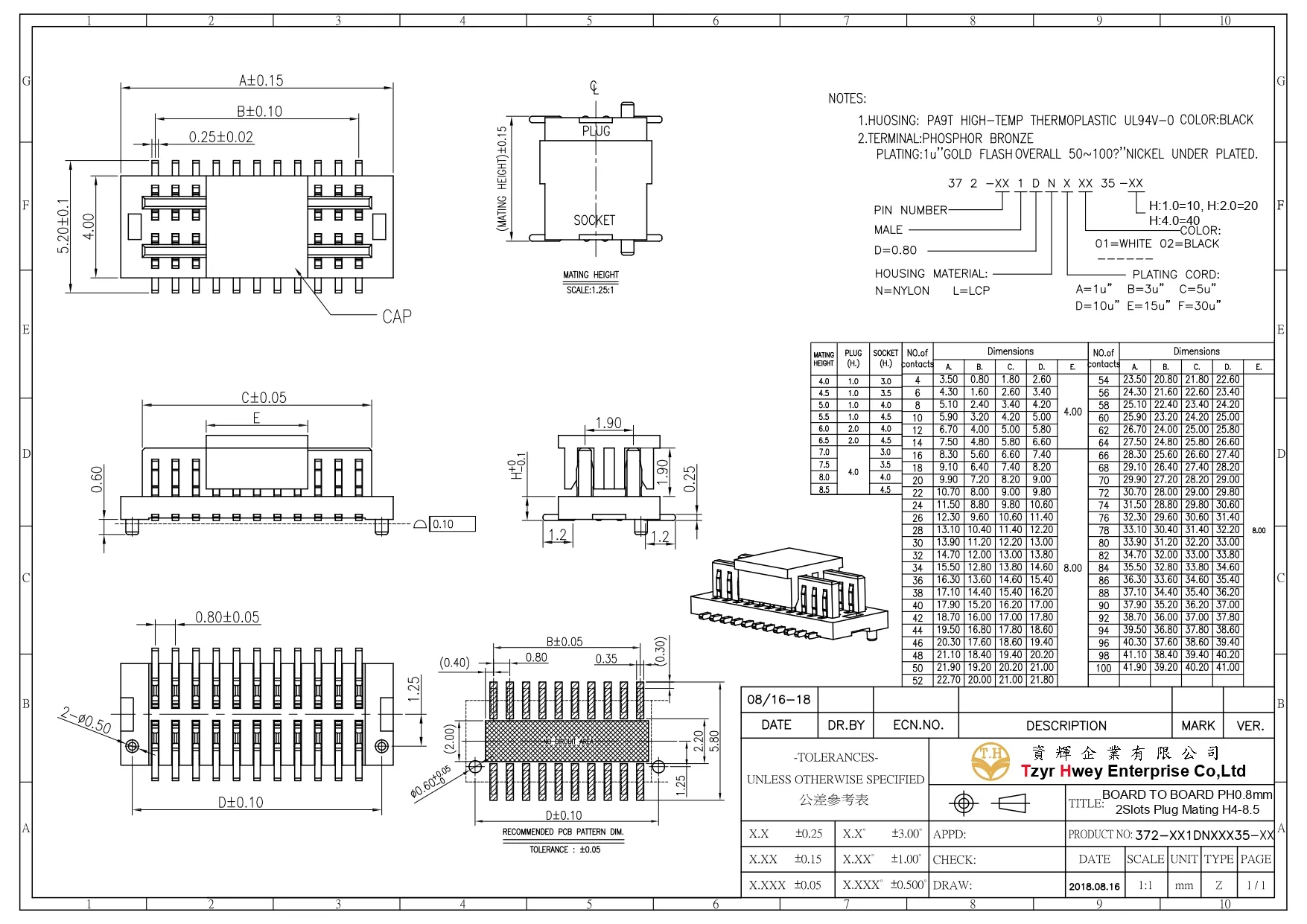 BOARD TO BOARD PH0.8mm 2Slots Plug Mating H4-8.5