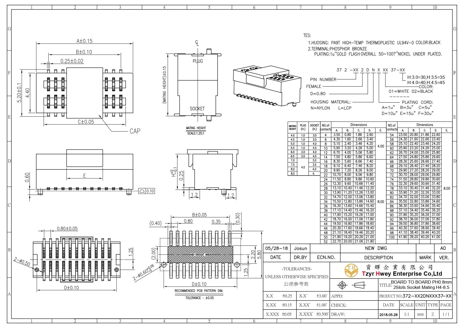BOARD TO BOARD PH0.8mm 2Slots Socket Mating H4-8.5