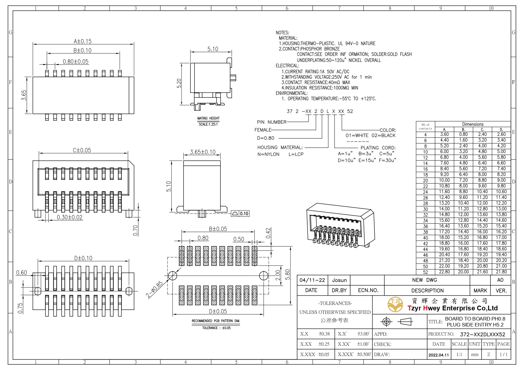 BOARD TO BOARD PH0.8 SOCKET SIDE ENTRY H5.2