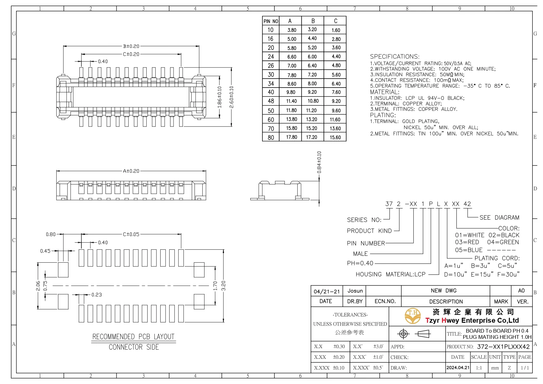 BBOARD To BOARD PH 0.4 PLUG MATING HEIGHT 1.0H