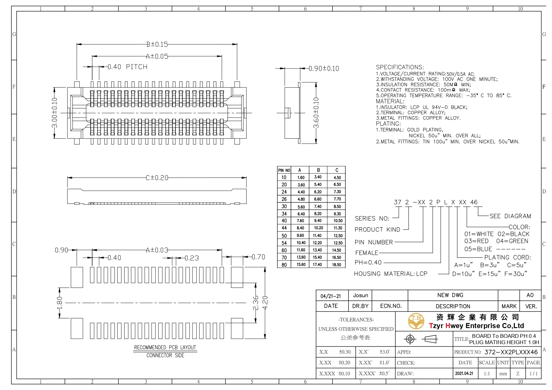 BOARD To BOARD PH 0.4 SOCKET MATING HEIGHT 1.0H