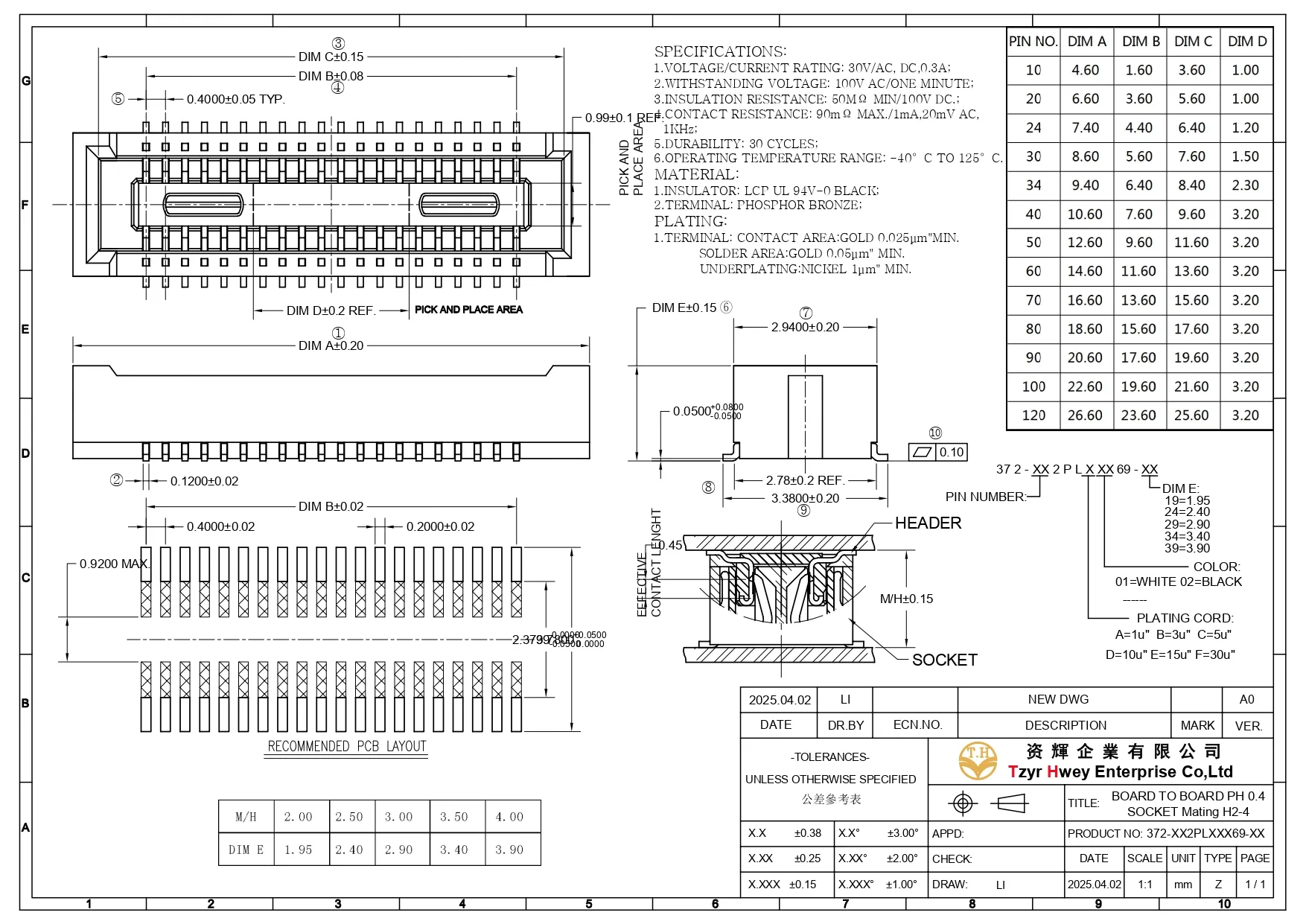 BOARD TO BOARD PH 0.4 SOCKET Mating H2-4