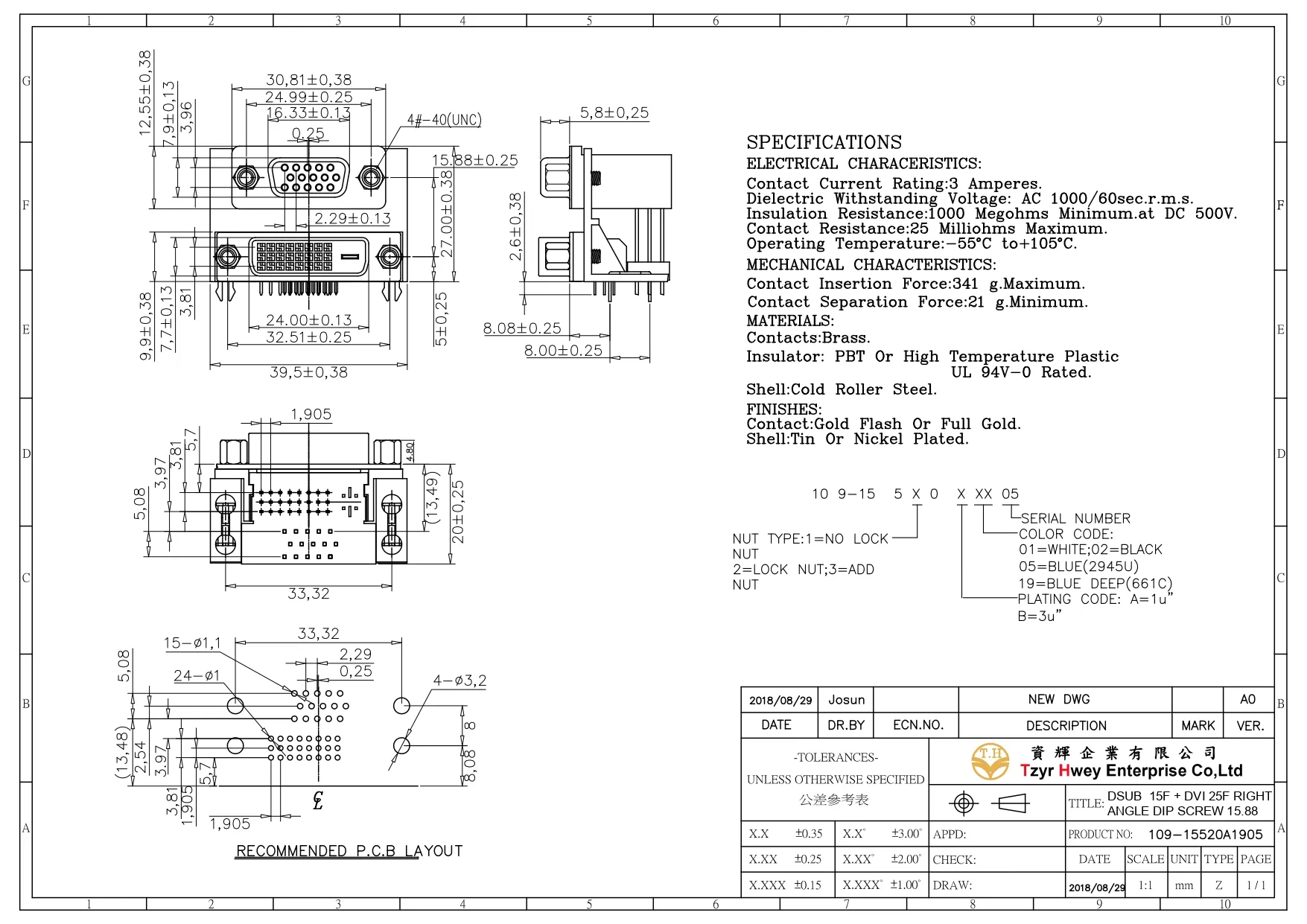  DSUB 15F + DVI 25F RIGHT ANGLE DIP SCREW 15.88