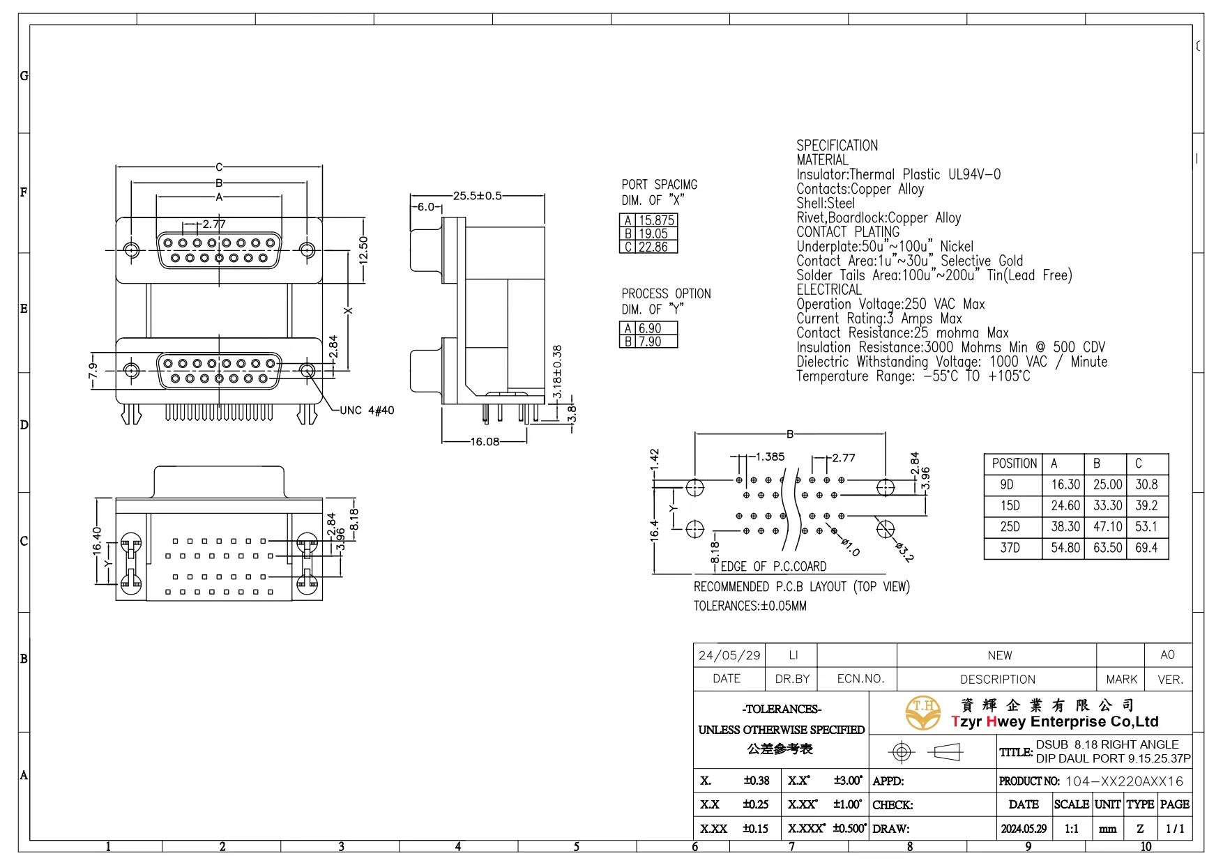  DSUB 8.18 RIGHT ANGLE DIP DAUL PORT 9.15.25.37P