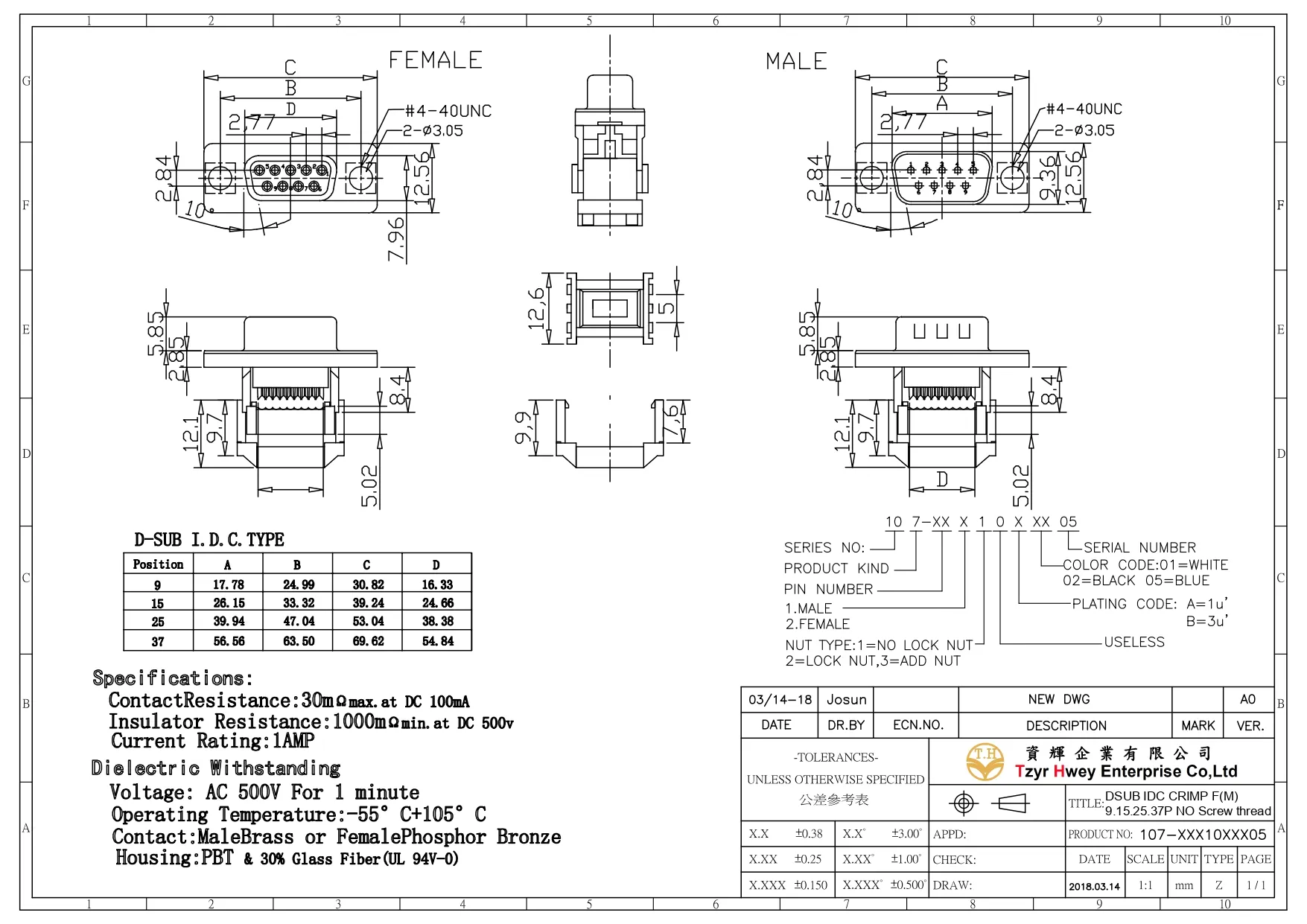 DSUB IDC CRIMP F(M) 9.15.25.37P NO Screw thread