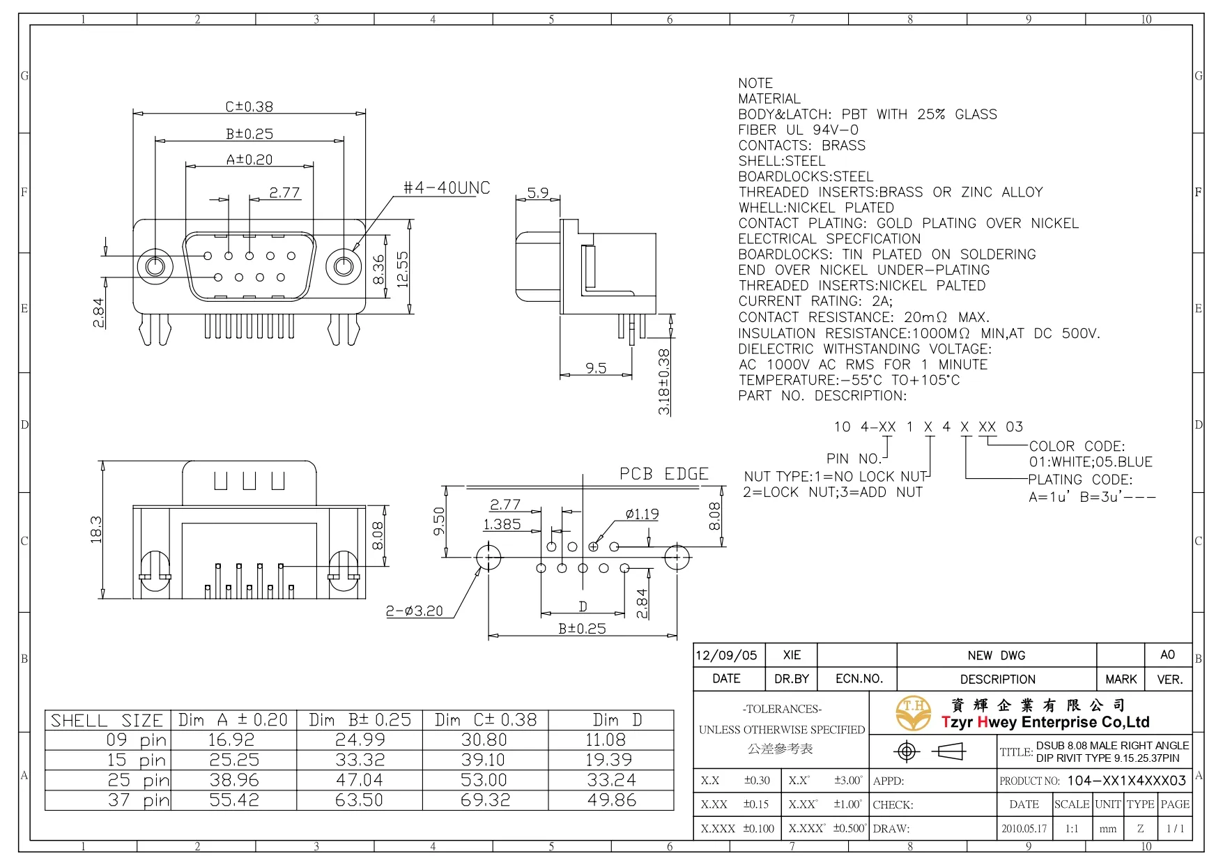 DSUB 8.08 MALE RIGHT ANGLE DIP RIVIT TYPE 9.15.25.37P