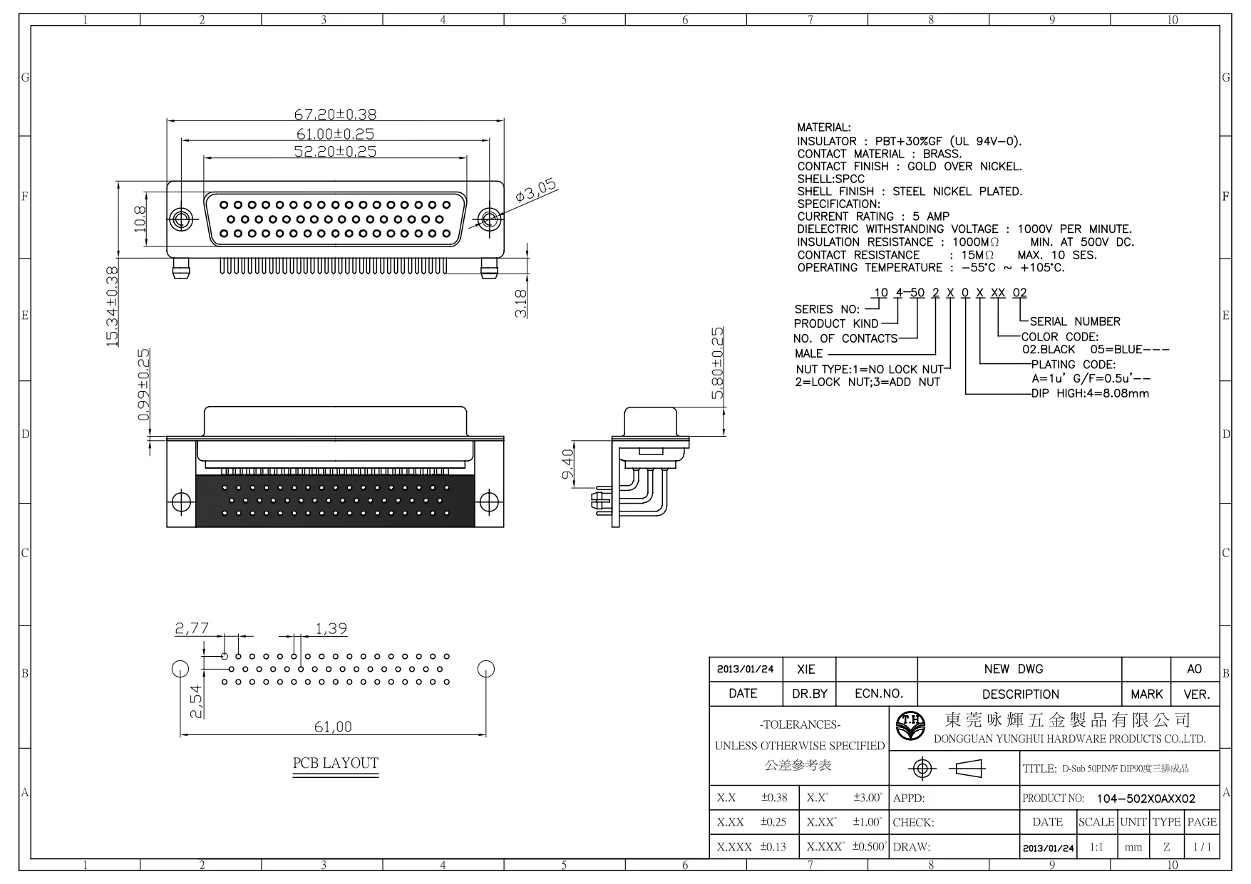D-Sub 50PIN F DIP90度三排成品