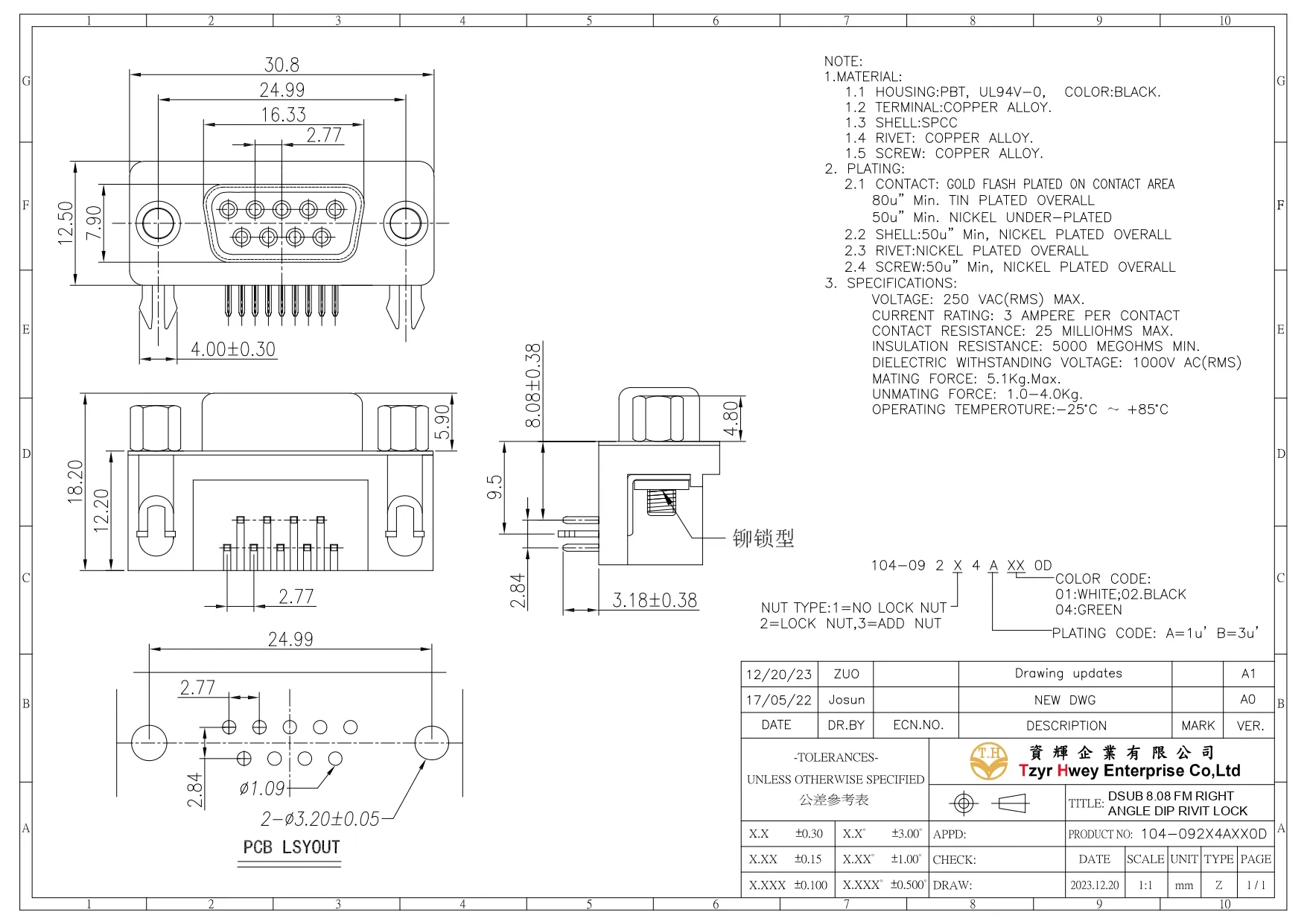 DSUB 8.08 FM RIGHT ANGLE DIP RIVIT LOCK