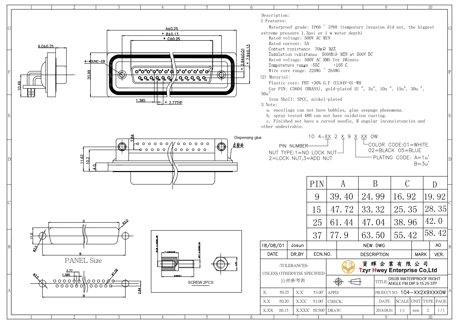 DSUB WATERPROOF RIGHT ANGLE FM  DIP 9.15.25 37P