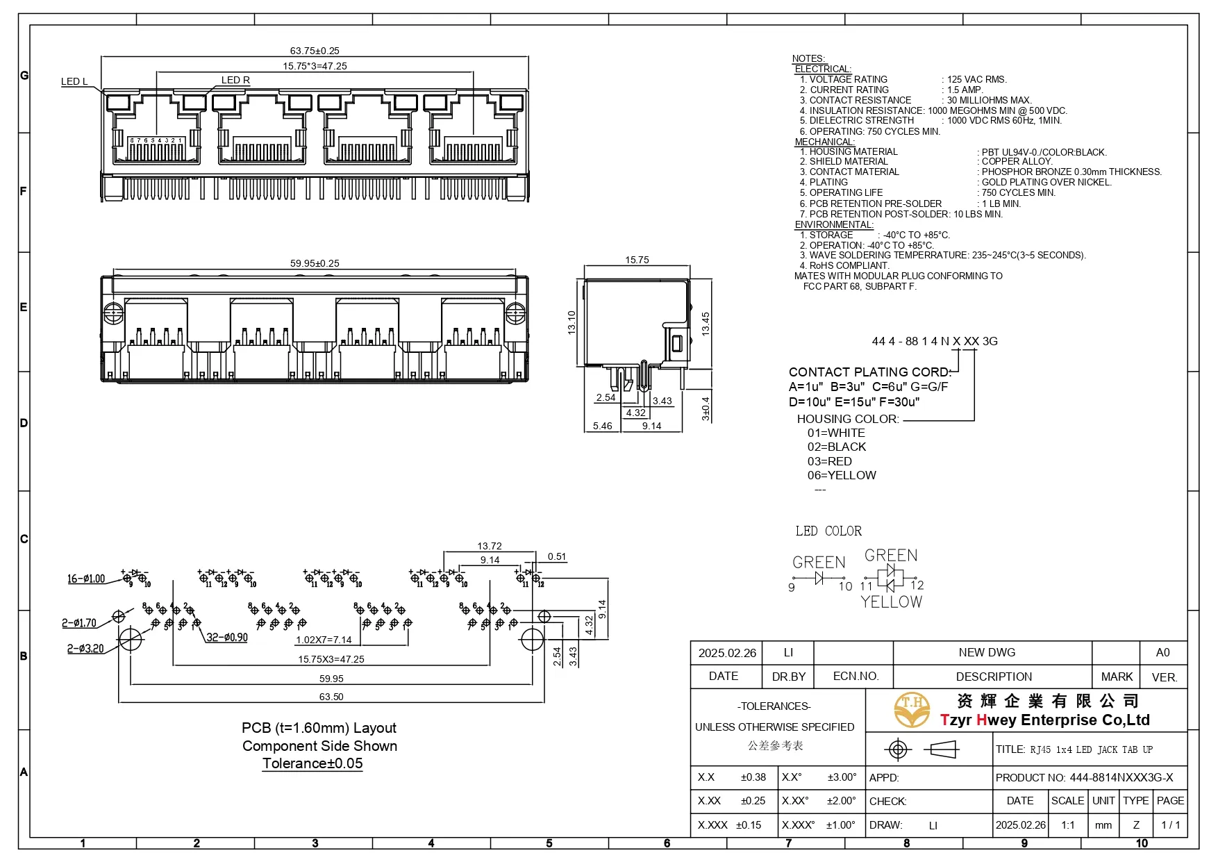 RJ45 1x4 LED JACK TAB UP