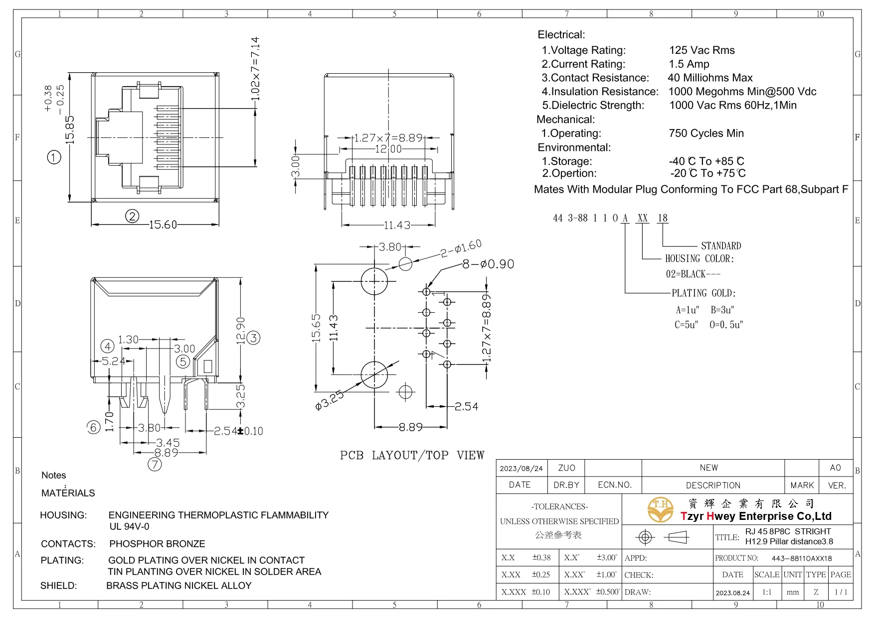 RJ 45 8P8C  STRIGHT H12.9 Pillar distance3.8