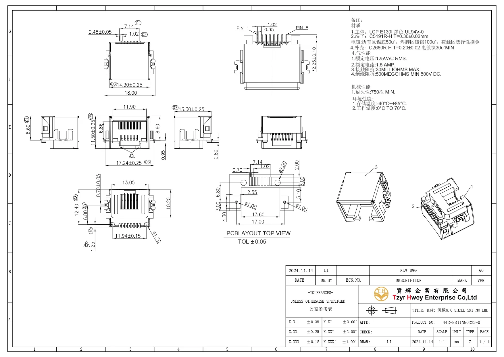 RJ45 SINK 8.6 SHELL SMT NO LED