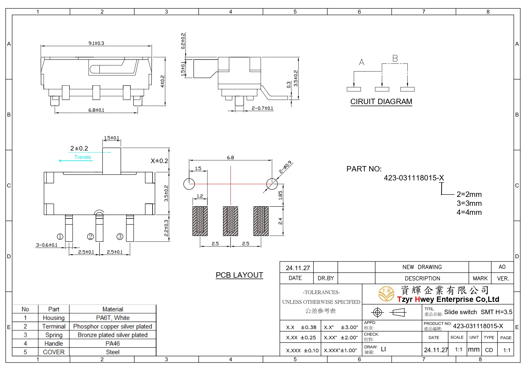 Slide switch SMT H3.5