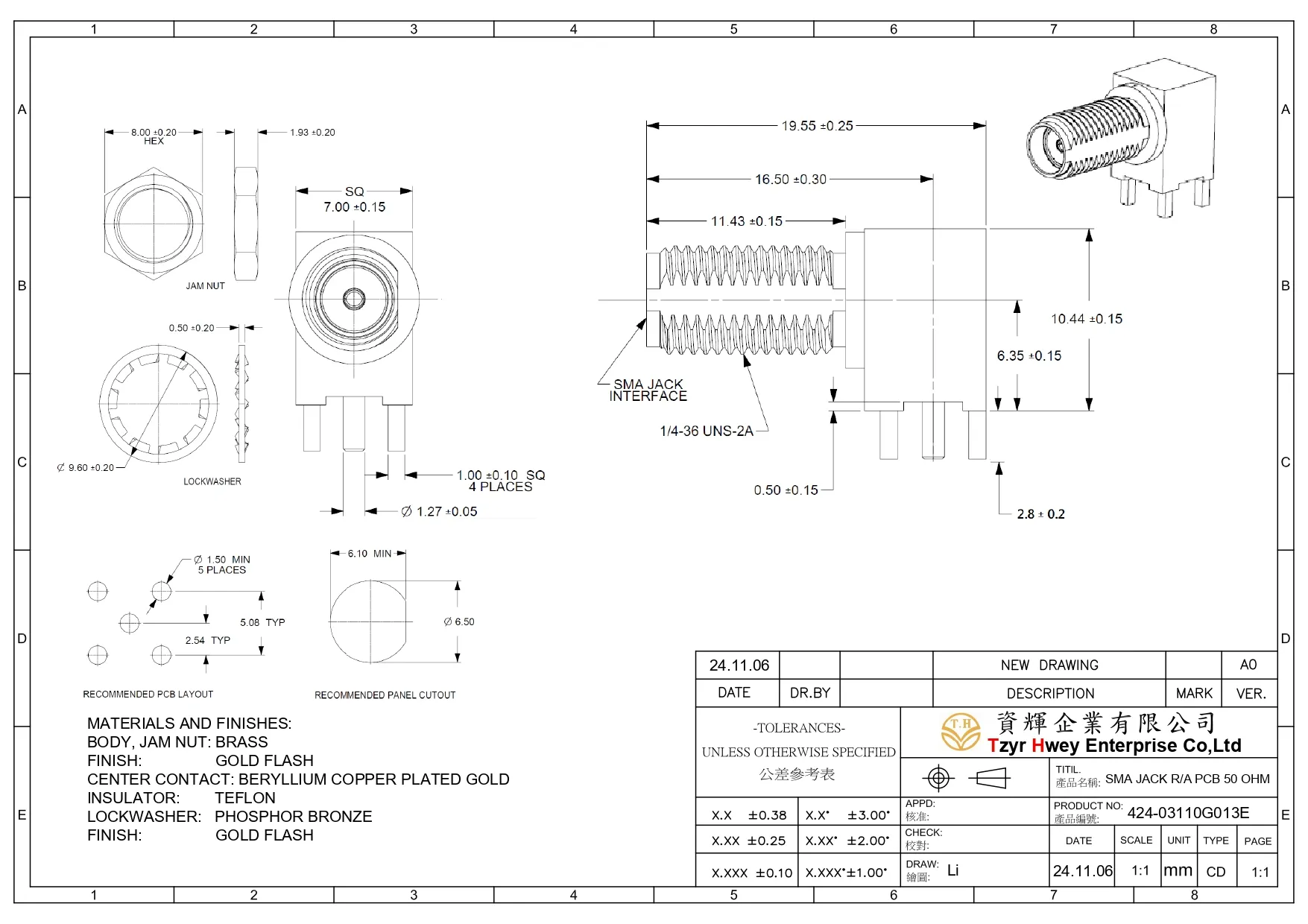 SMA JACK Right Angle PCB 50 OHM