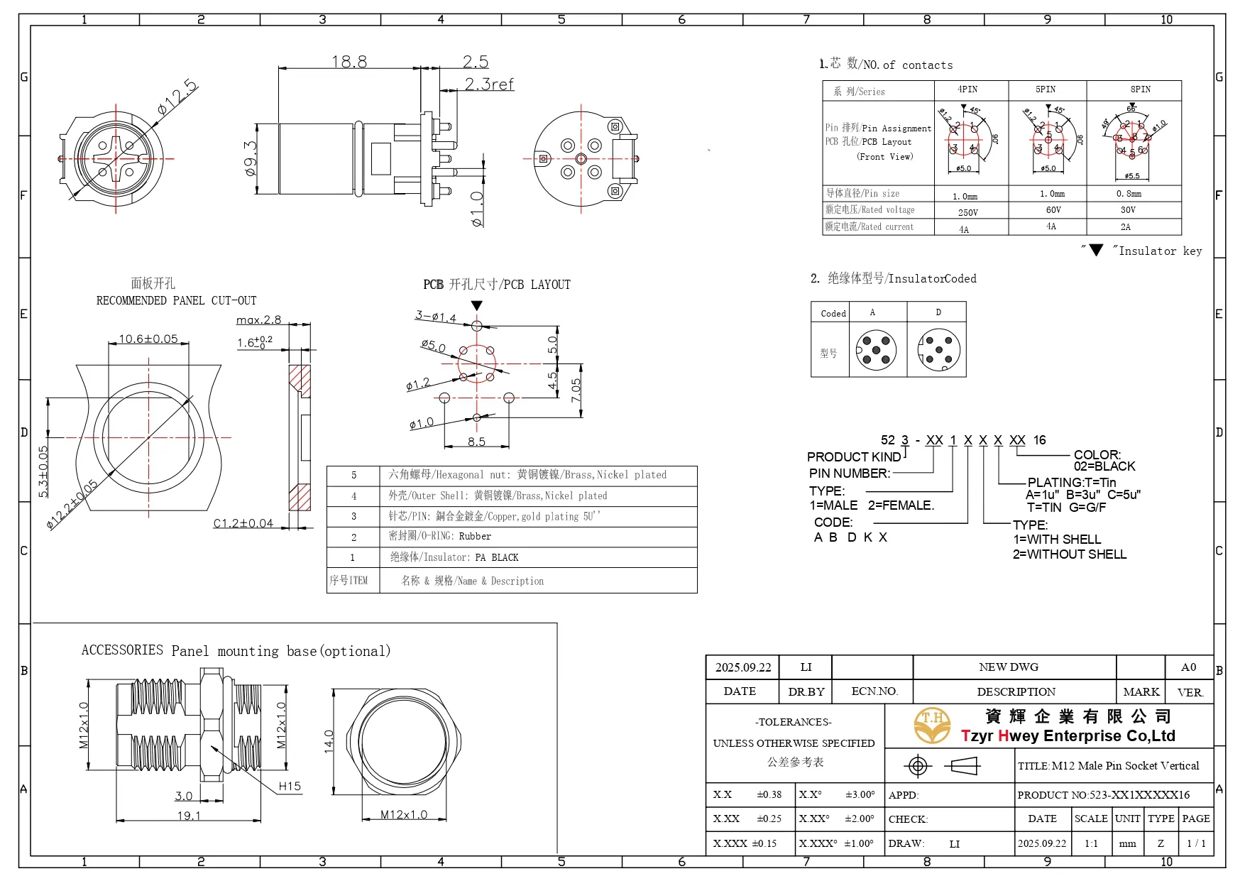 M12 Male Pin Socket Vertical