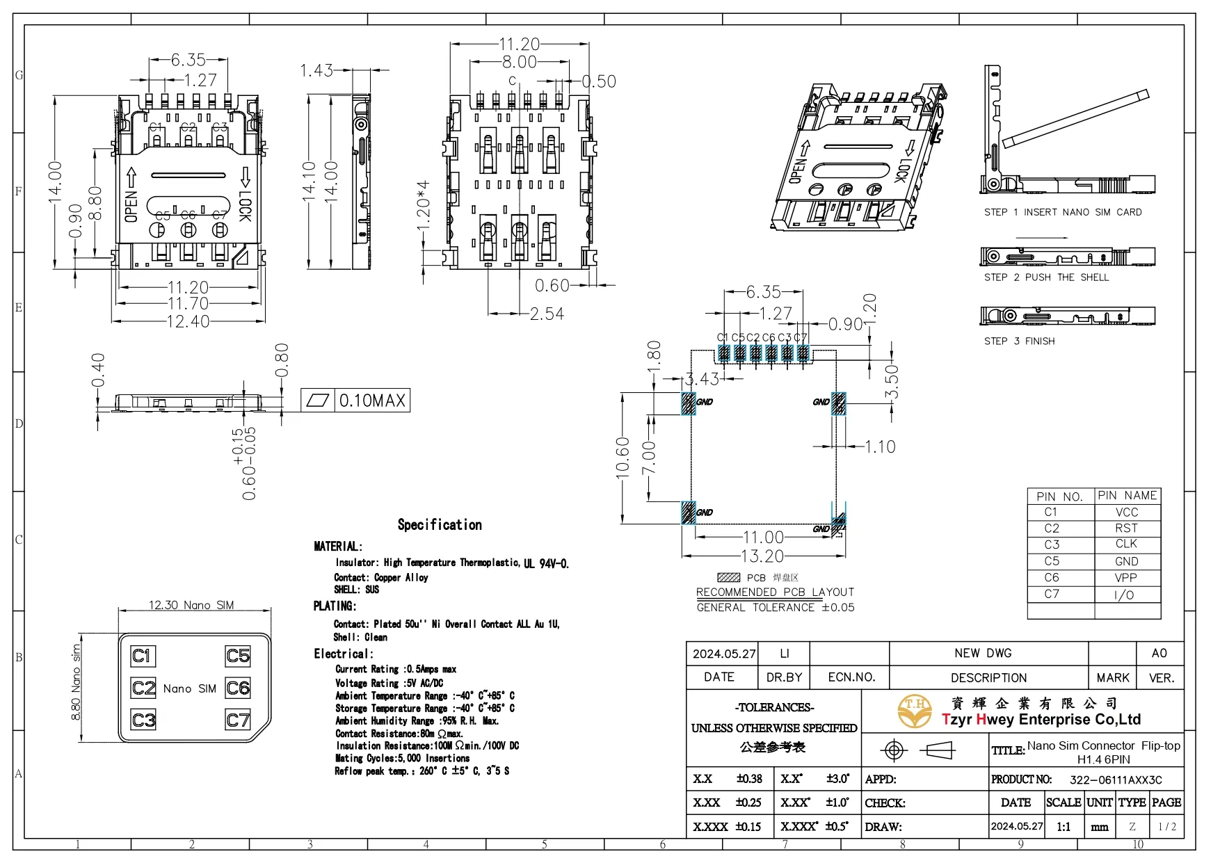 Nano Sim 6PIN Connector  Flip-top H1.4