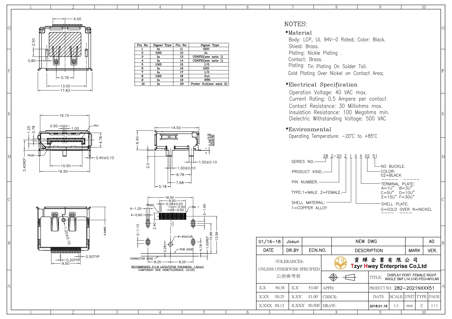 DISPLAY PORT  FM RIGHT ANGLE SMT L14.5 NO PEG