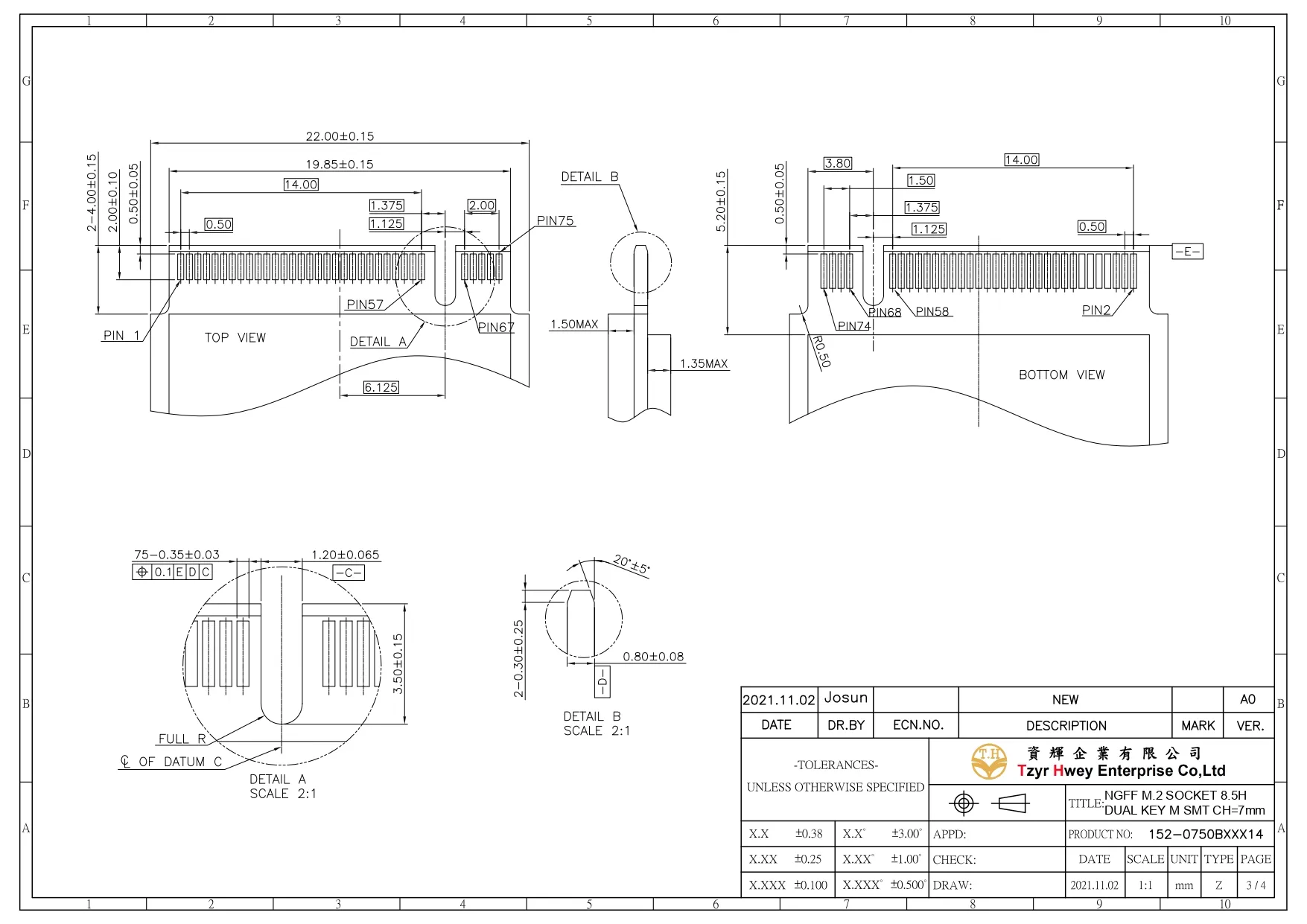 NGFF M.2 SOCKET 8.5H DUAL KEY M SMT CH=7mm