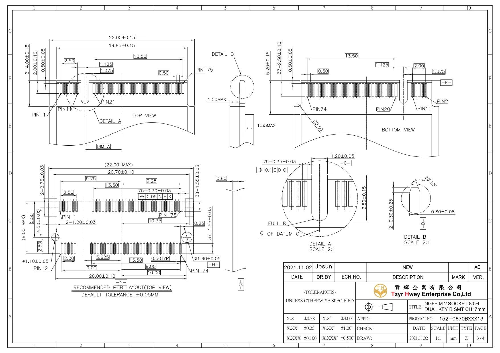  NGFF M.2 SOCKET 8.5H DUAL KEY B SMT CH=7mm