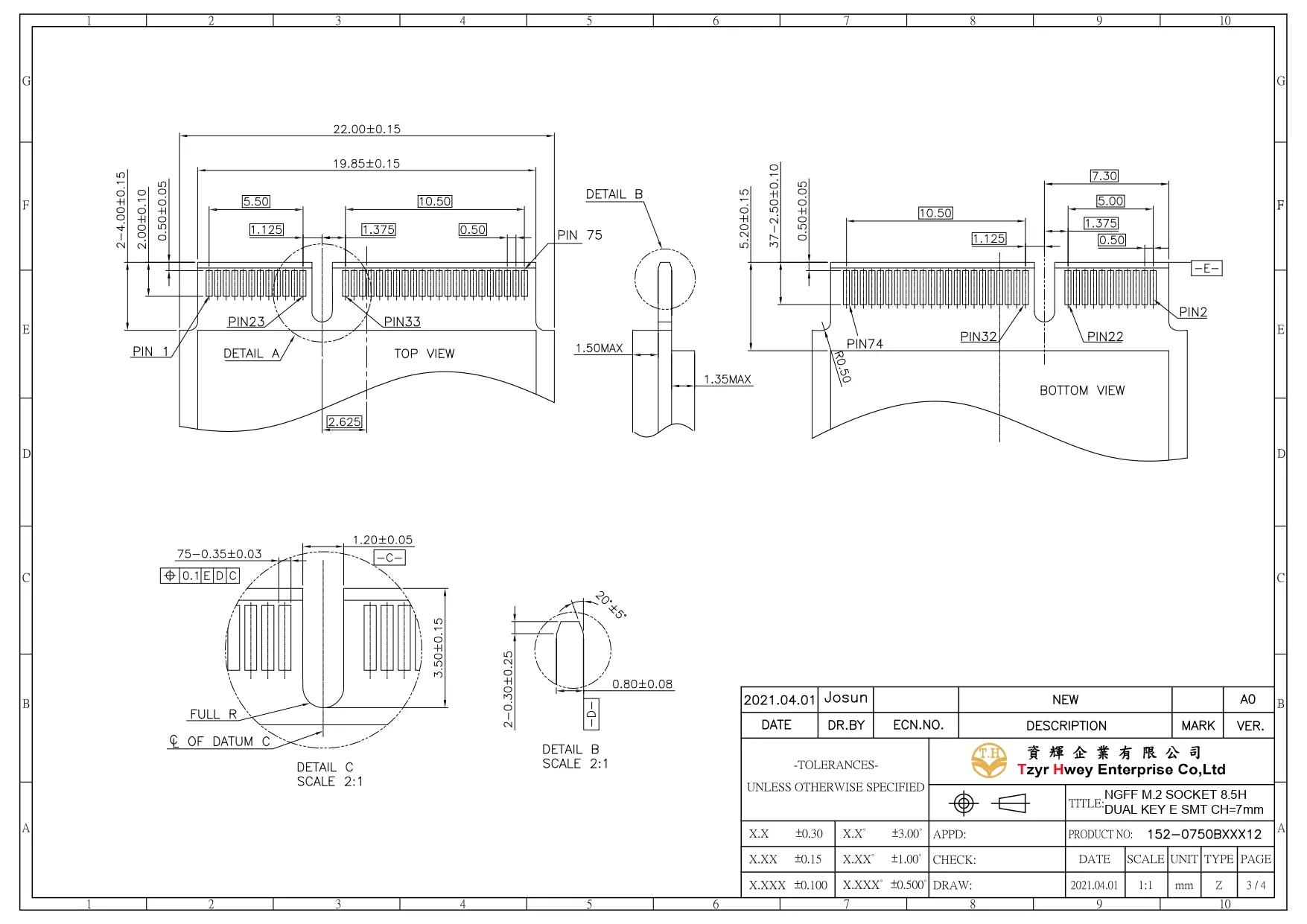 NGFF M.2 SOCKET 8.5H DUAL KEY E SMT CH=7mm