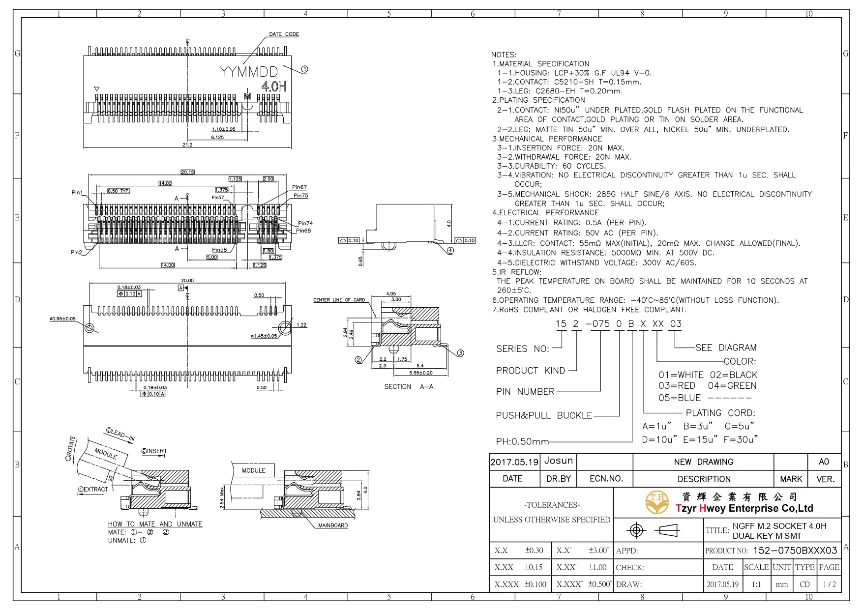 NGFF M.2 SOCKET 4.0H DUAL KEY M SMT