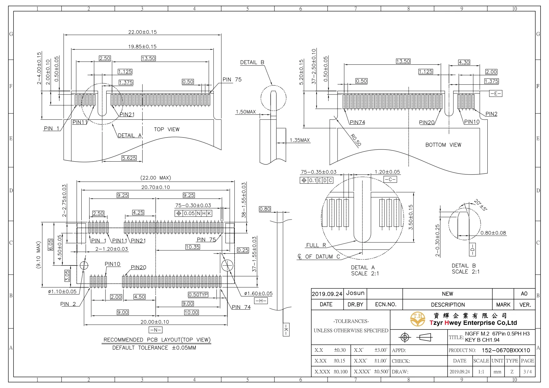 NGFF M.2  67Pin 0.5PH H3 KEY B CH1.94