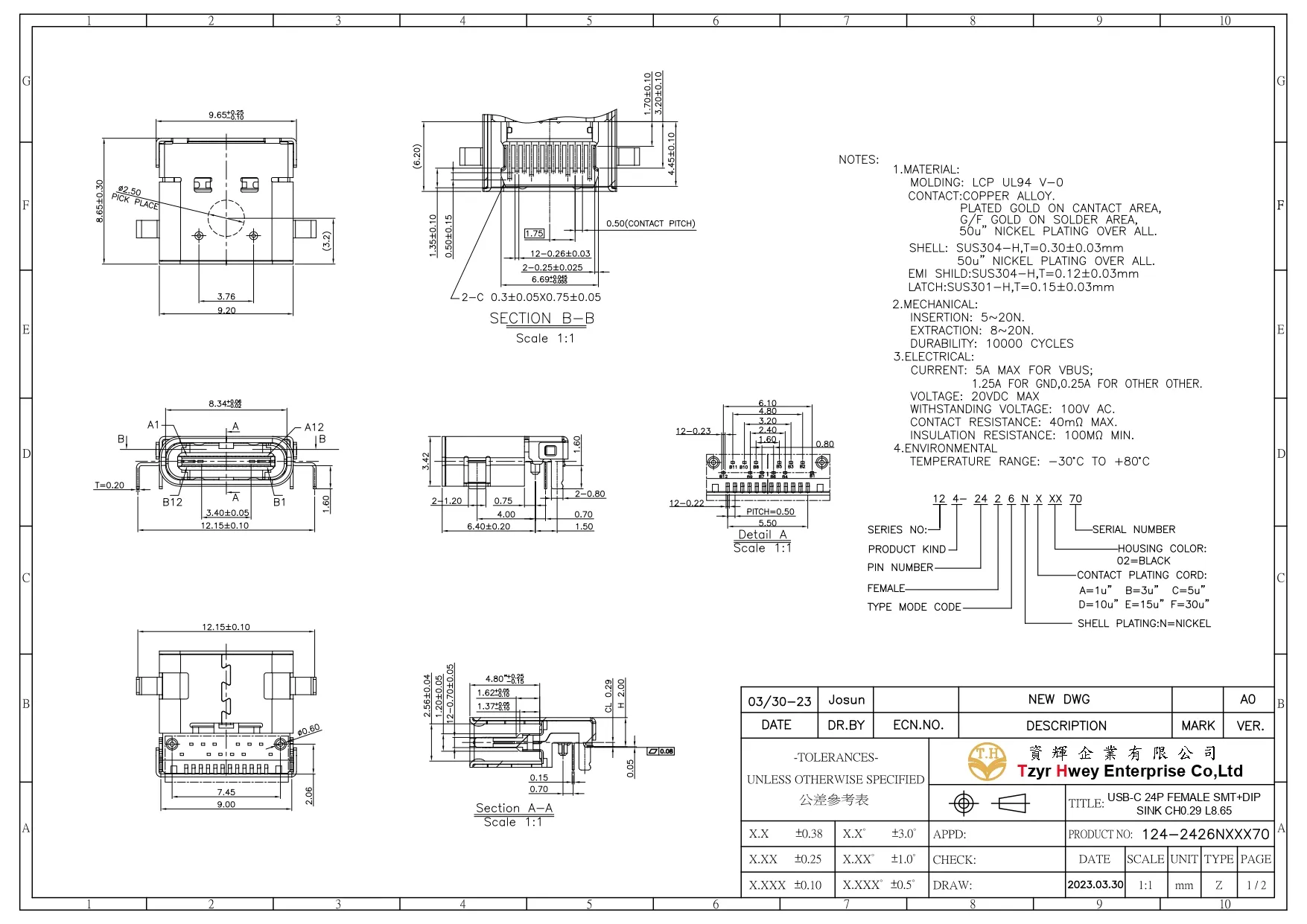  USB TYPE 沉板式双外壳DIP+SMT母座L=8.65