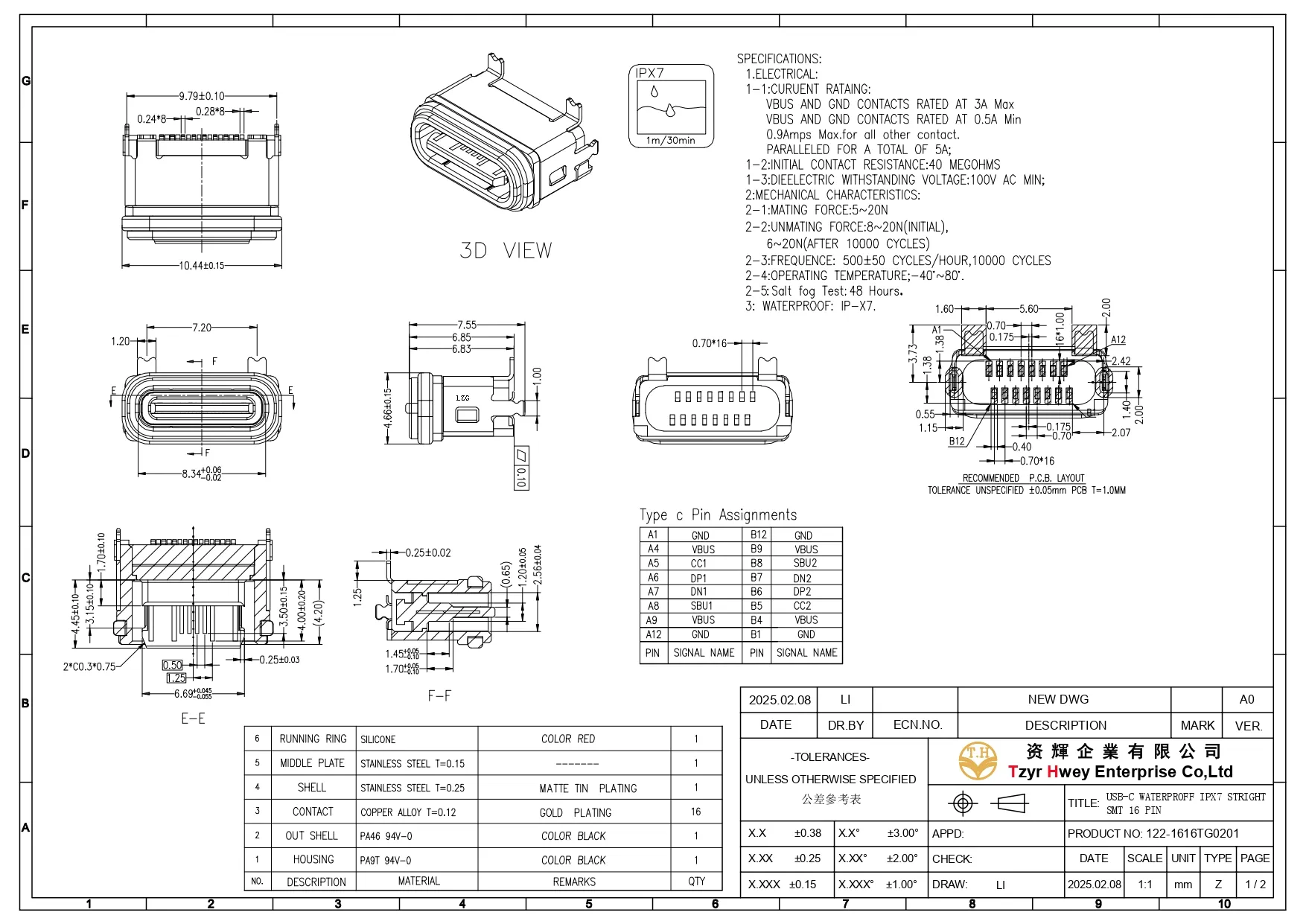 USB C WATERPROFF IPX7 STRIGHT SMT 16 PIN