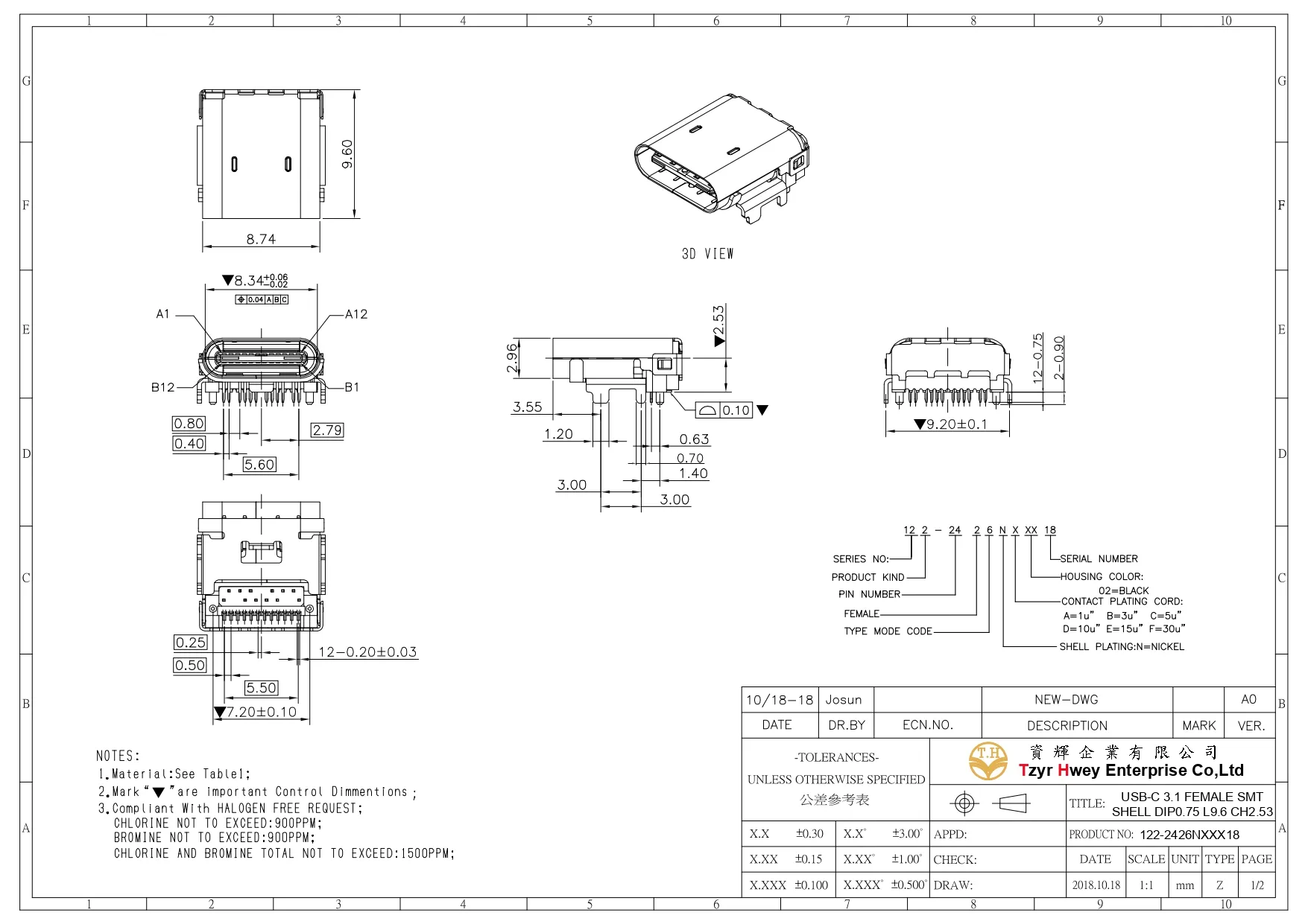 USB C 3.1 FEMALE SMT SHELL DIP0.75 L9.6 CH2.53