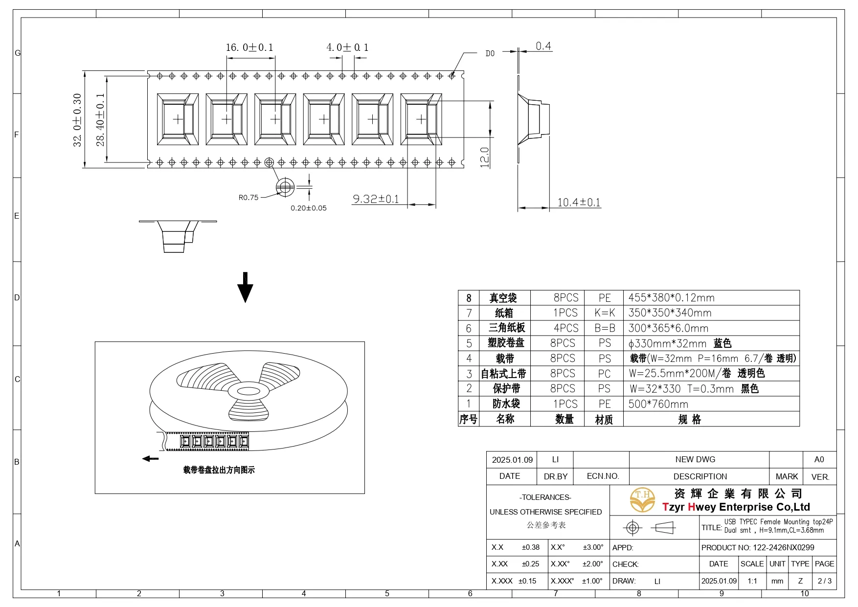 USB C 3.1 24P FM Dual SMT H=9.1mm,CL=3