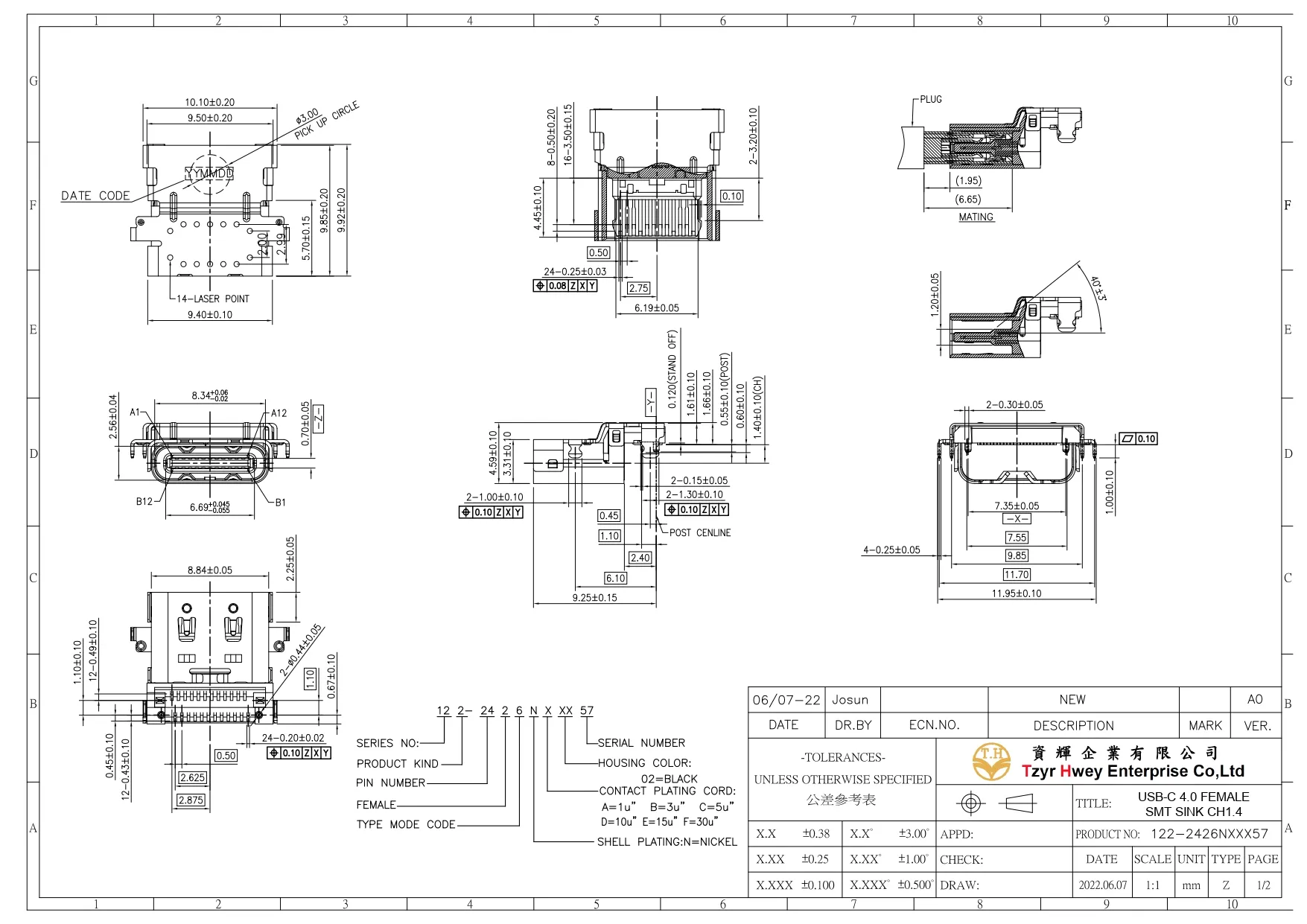  USB C 4.0 FEMALE SMT SINK CH1.4 