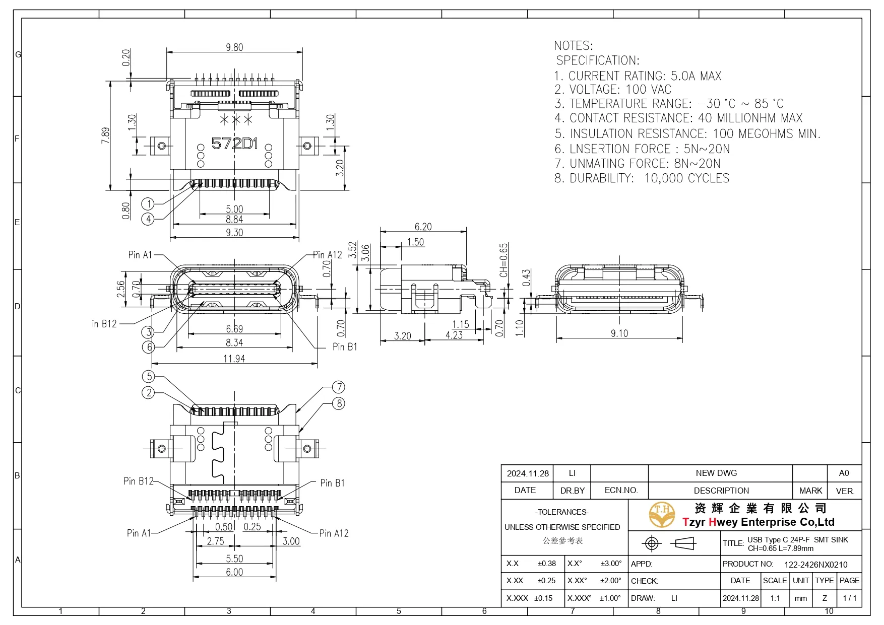  USB C 24P F SMT SINK CH0.65 L7.89mm