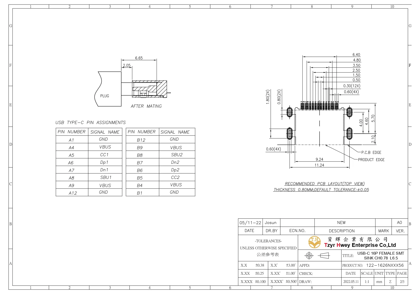 USB C 16P FEMALE SMT SINK CH0.78 L6.5