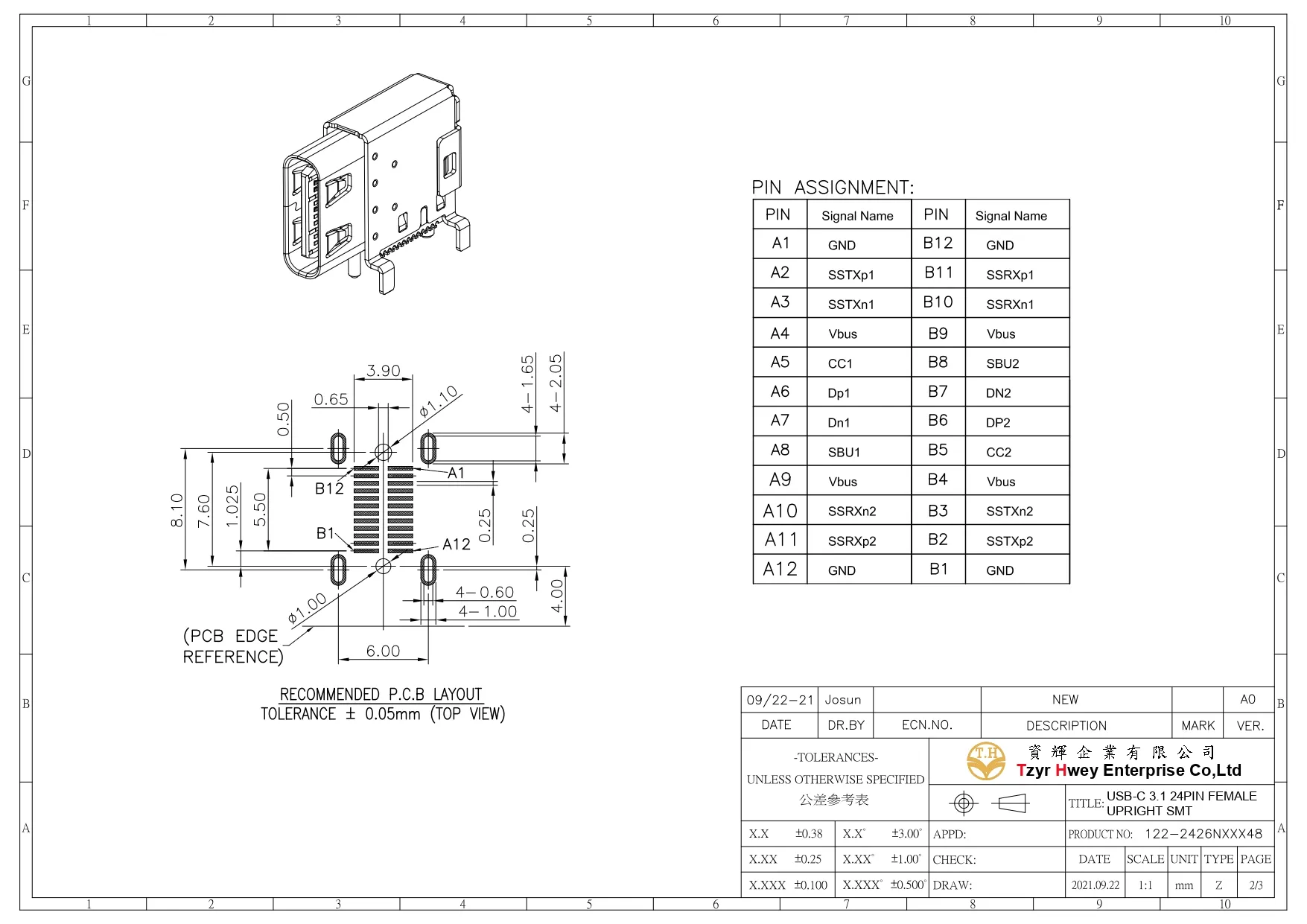 USB C 3.1 24PIN UPRIGHT SMT FEMALE