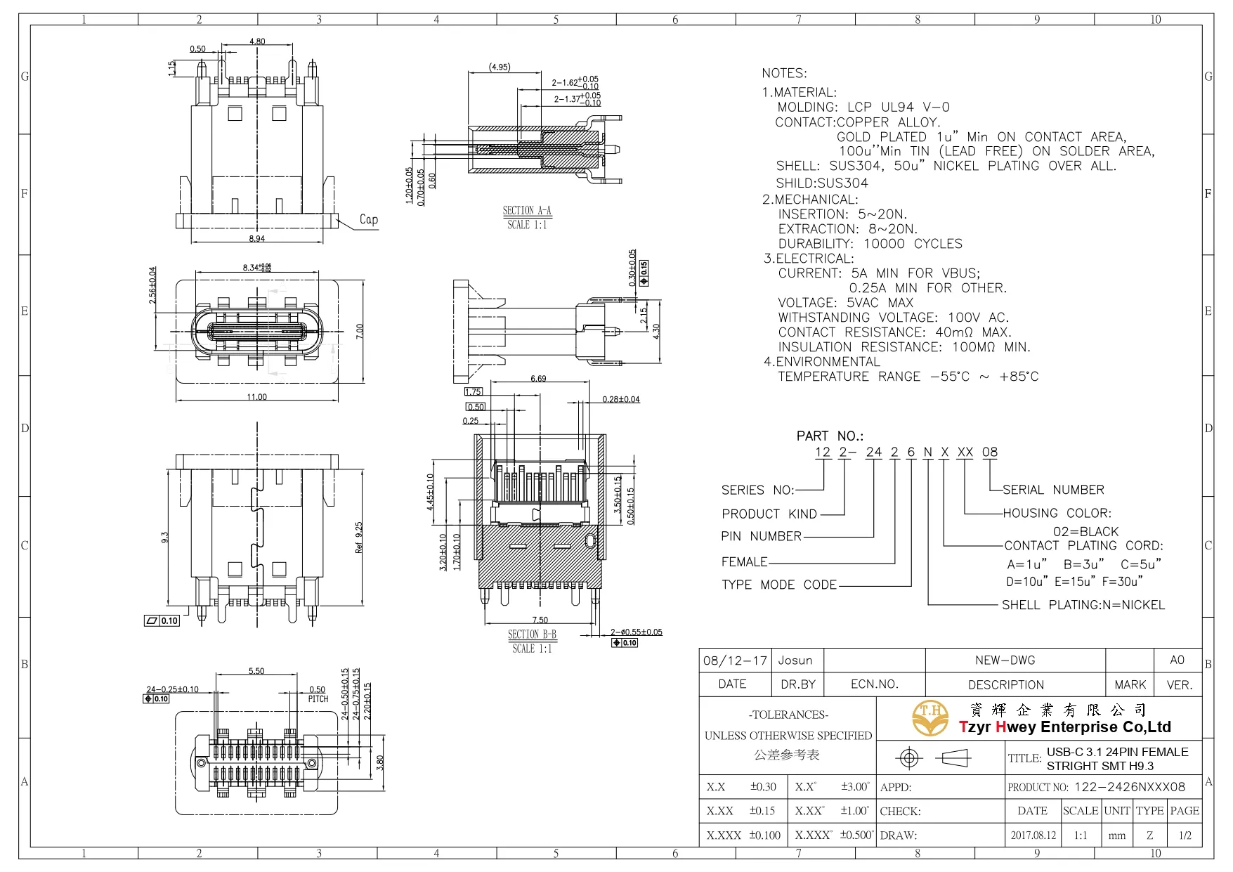  USB C 3.1 24PIN FEMALE  STRIGHT SMT H9.3