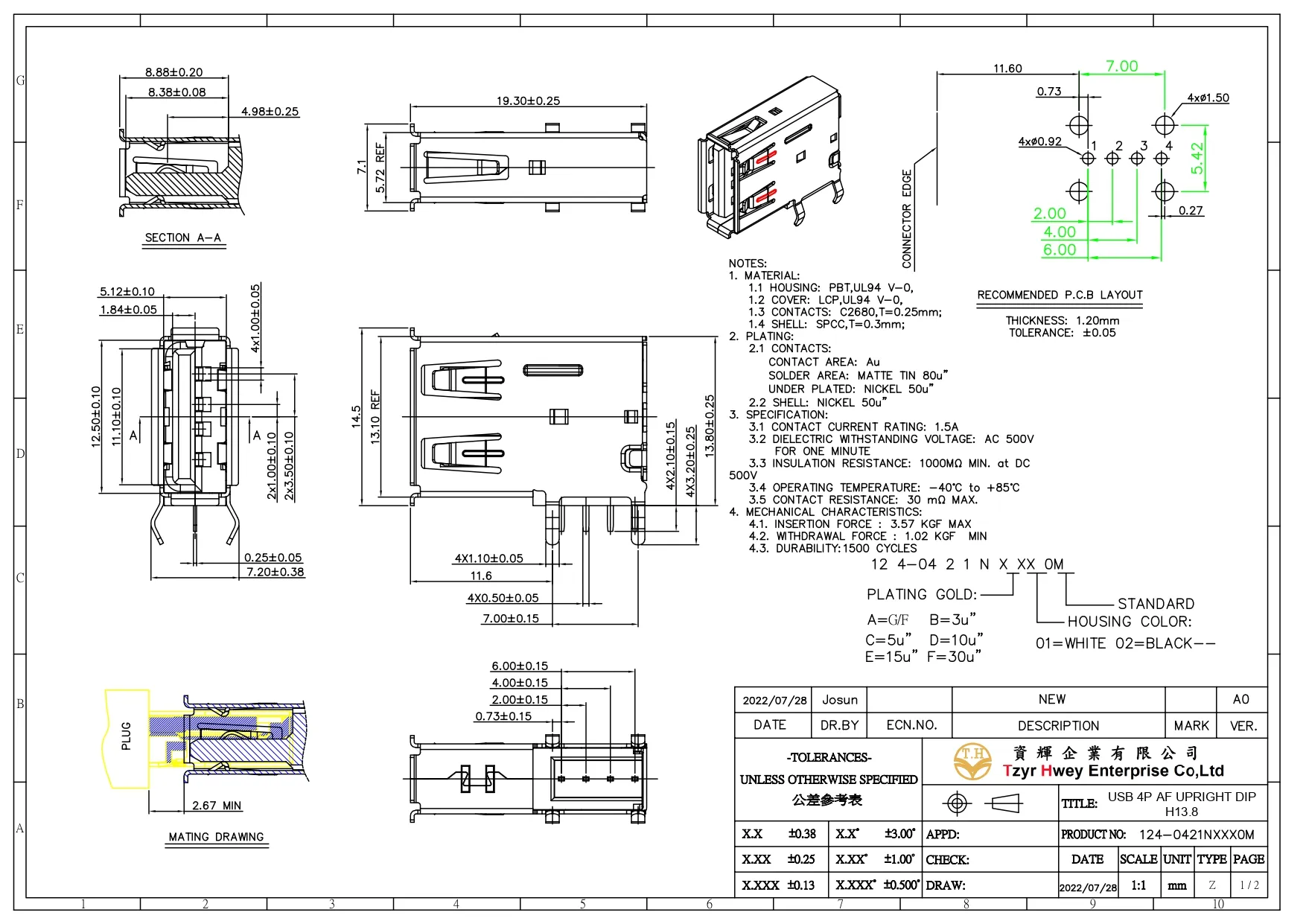 USB 2.0 4P AF UPRIGHT DIP  H13.8