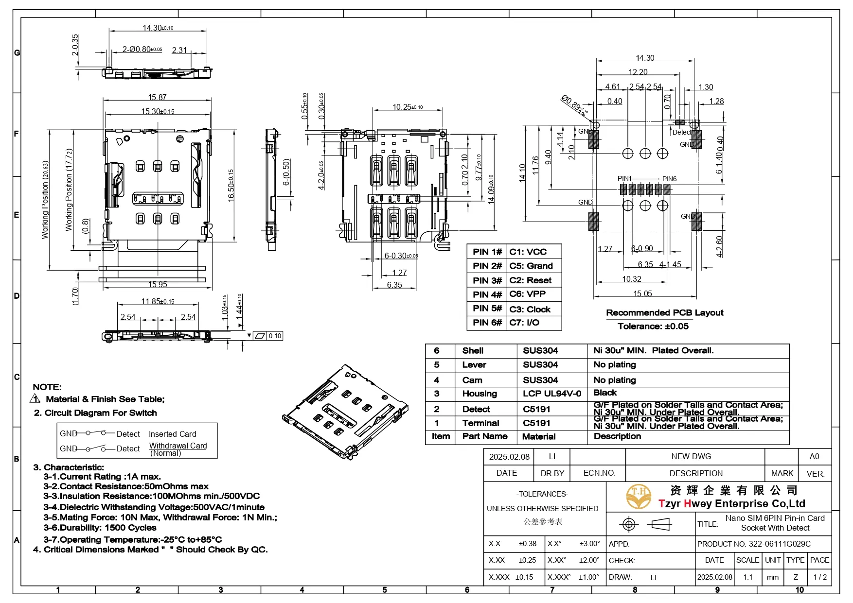 Nano SIM 6PIN Pin-in Card Socket With Detect 1.5H