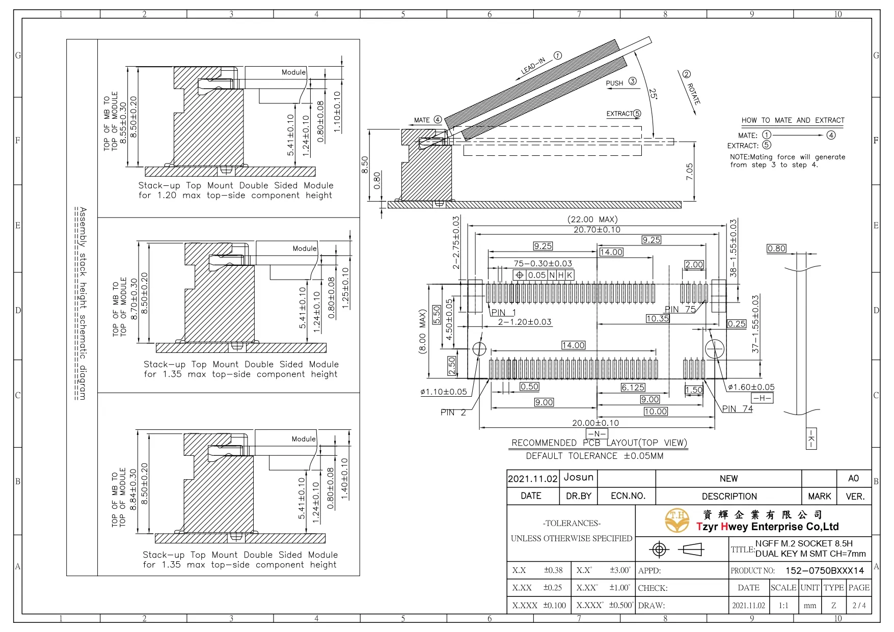 NGFF M.2 SOCKET 8.5H DUAL KEY M SMT CH=7mm