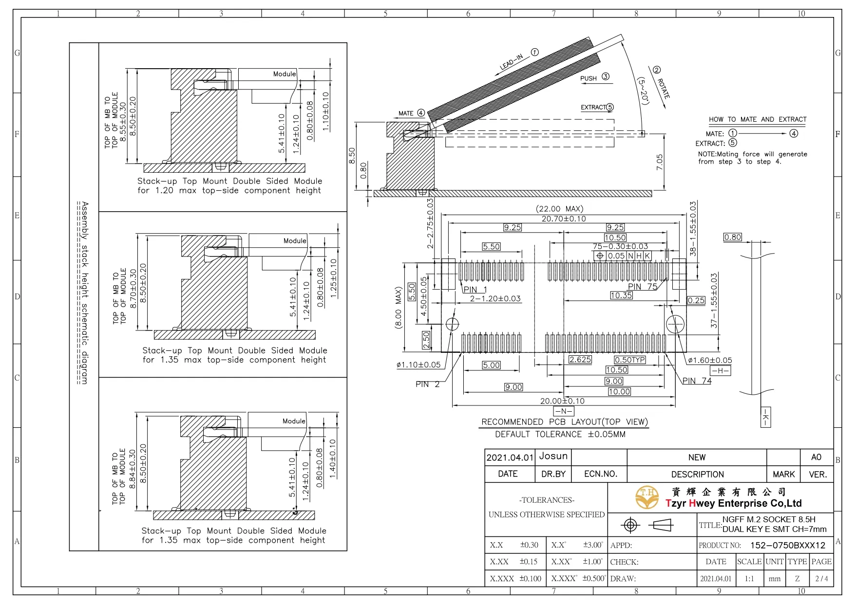 NGFF M.2 SOCKET 8.5H DUAL KEY E SMT CH=7mm