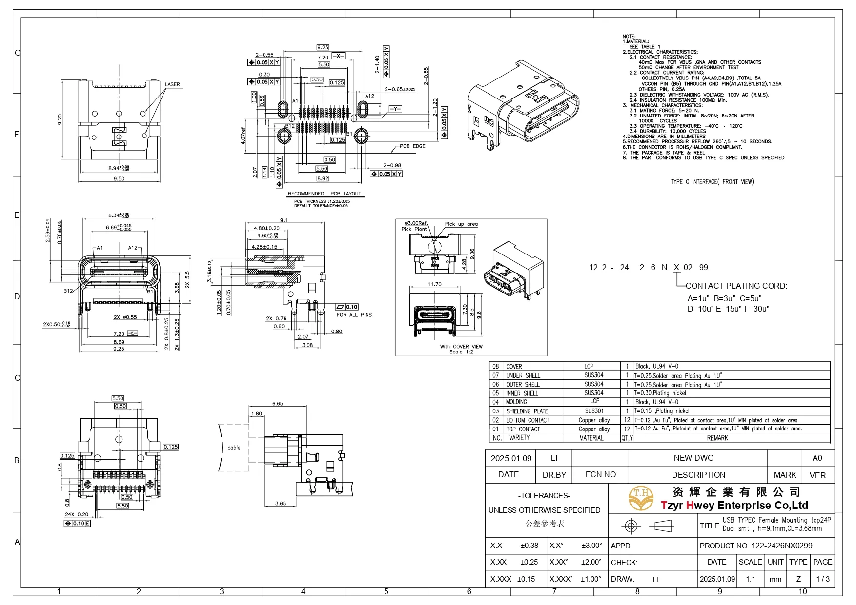 USB C 3.1 24P FM Dual SMT H=9.1mm,CL=3