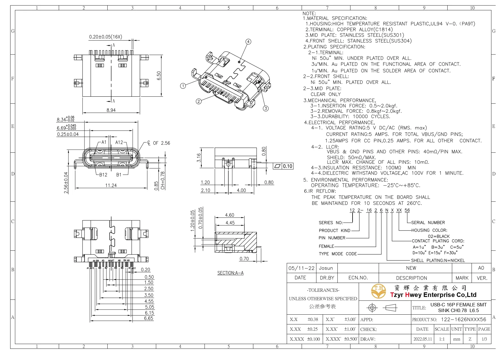 USB C 16P FEMALE SMT SINK CH0.78 L6.5
