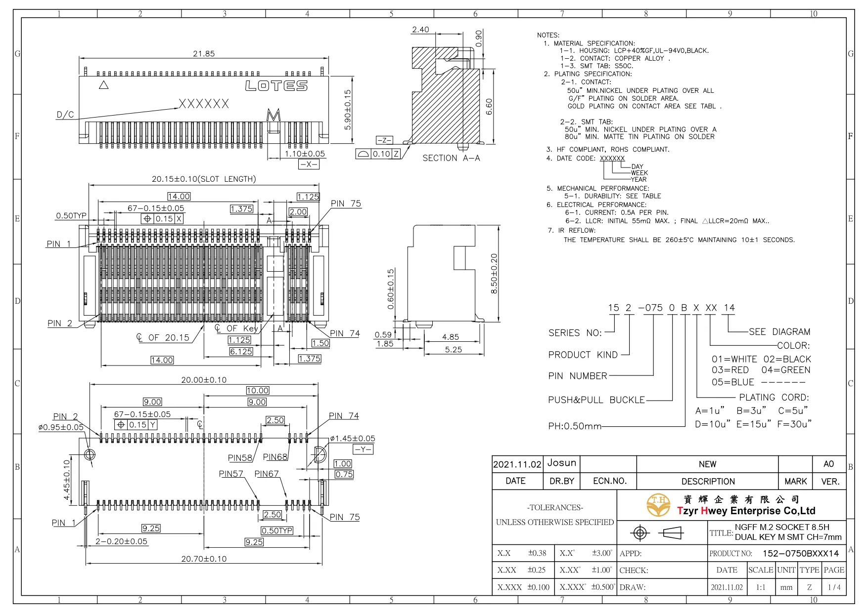 NGFF M.2 SOCKET 8.5H DUAL KEY M SMT CH=7mm