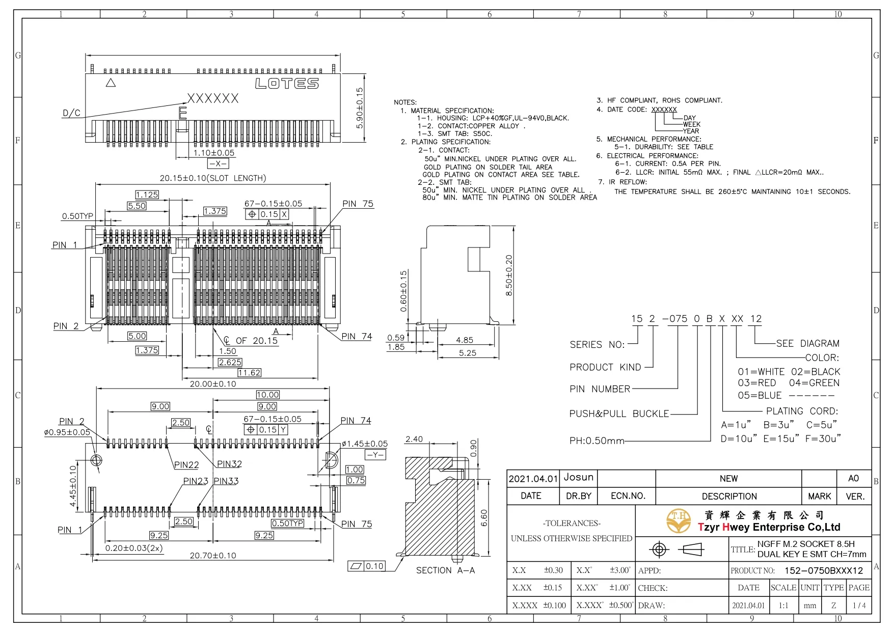 NGFF M.2 SOCKET 8.5H DUAL KEY E SMT CH=7mm