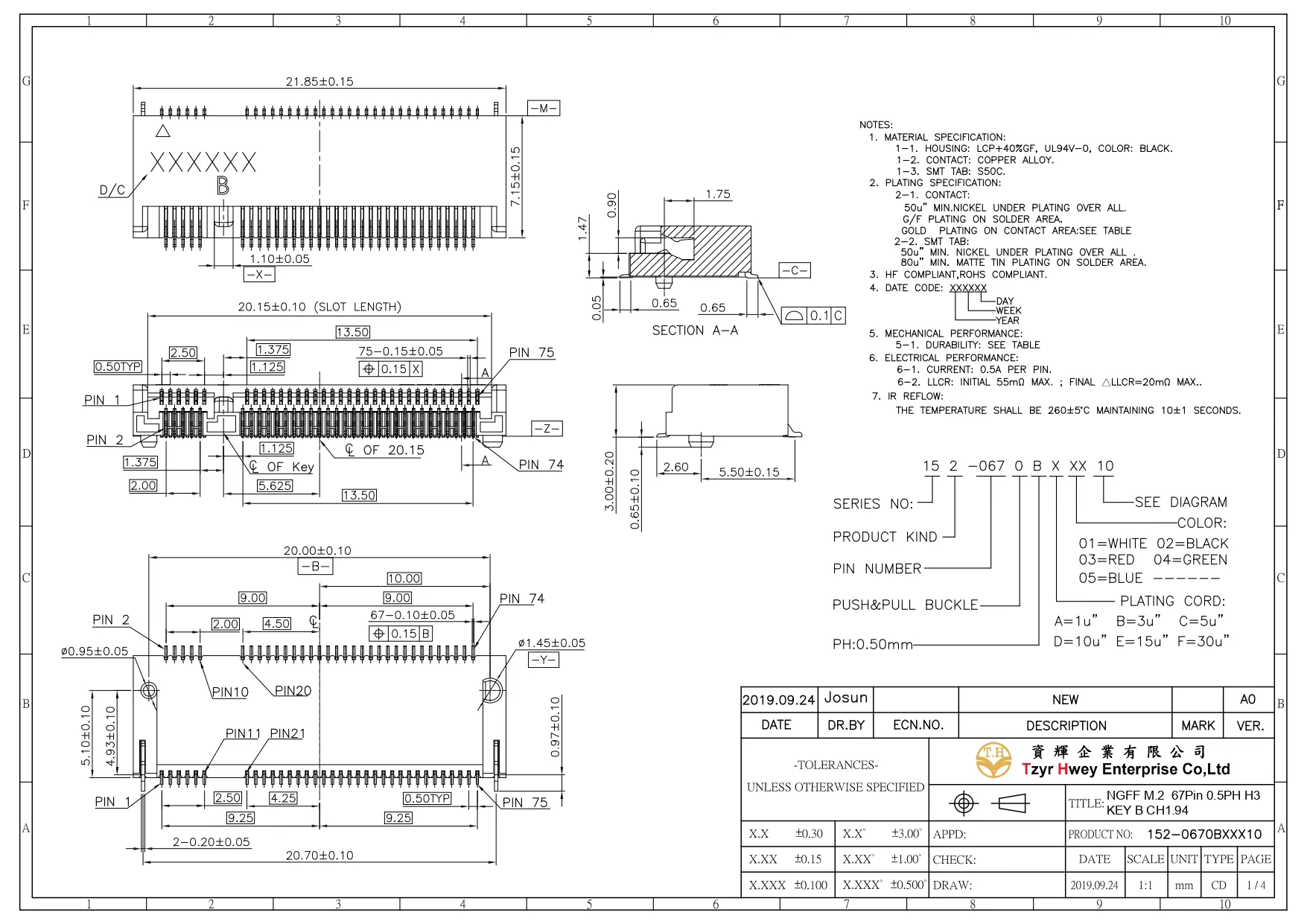 NGFF M.2  67Pin 0.5PH H3 KEY B CH1.94
