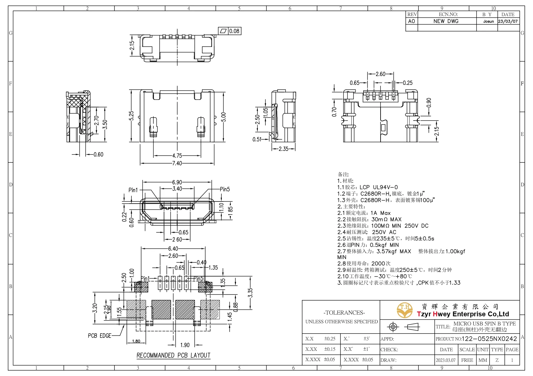 MIRCO USB AB TYPE  5PIN SMT NO PEG Rolled edges