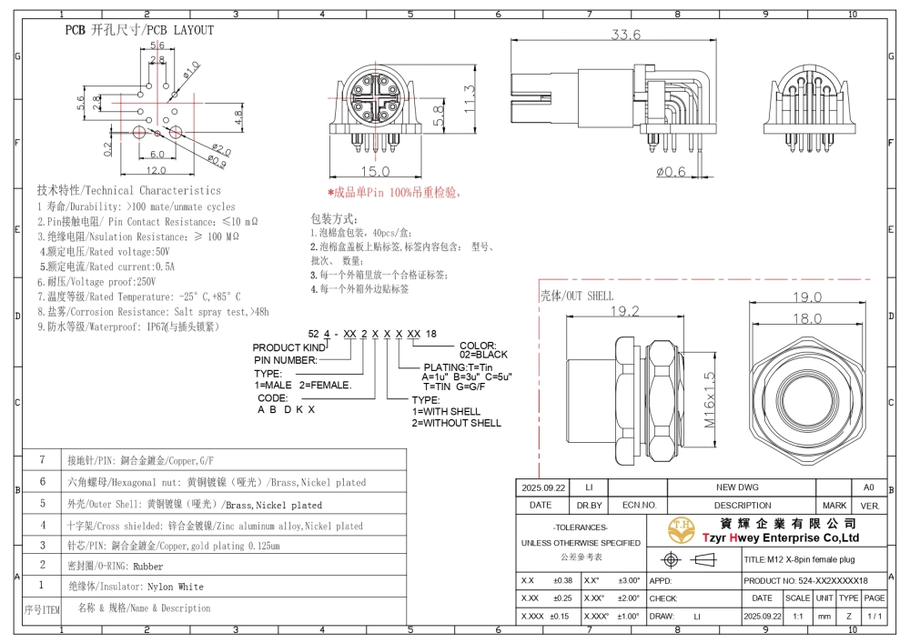  M12 X CODE 8pin Female plug RIGHT ANGLE