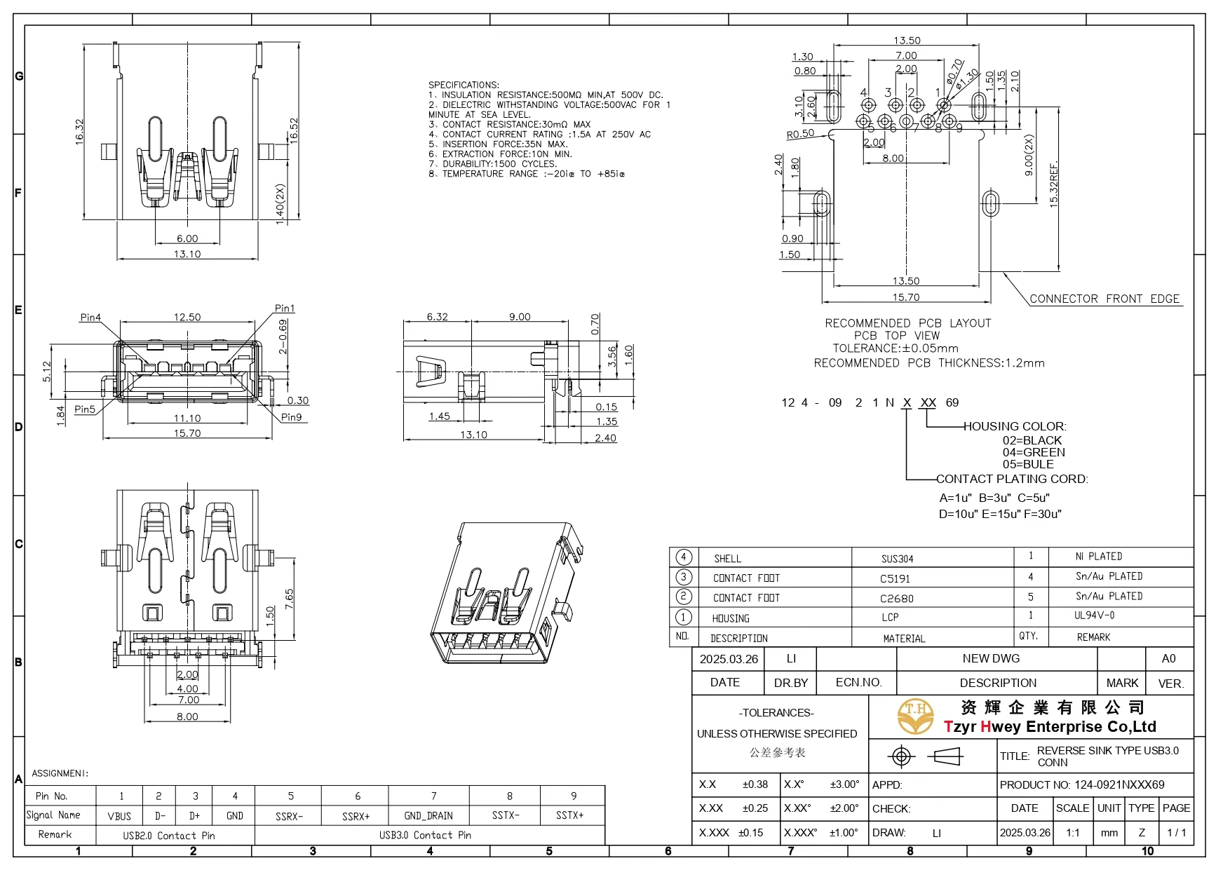 USB3.0 FEMALE REVERSE SINK RIGHT ANGLE DIP