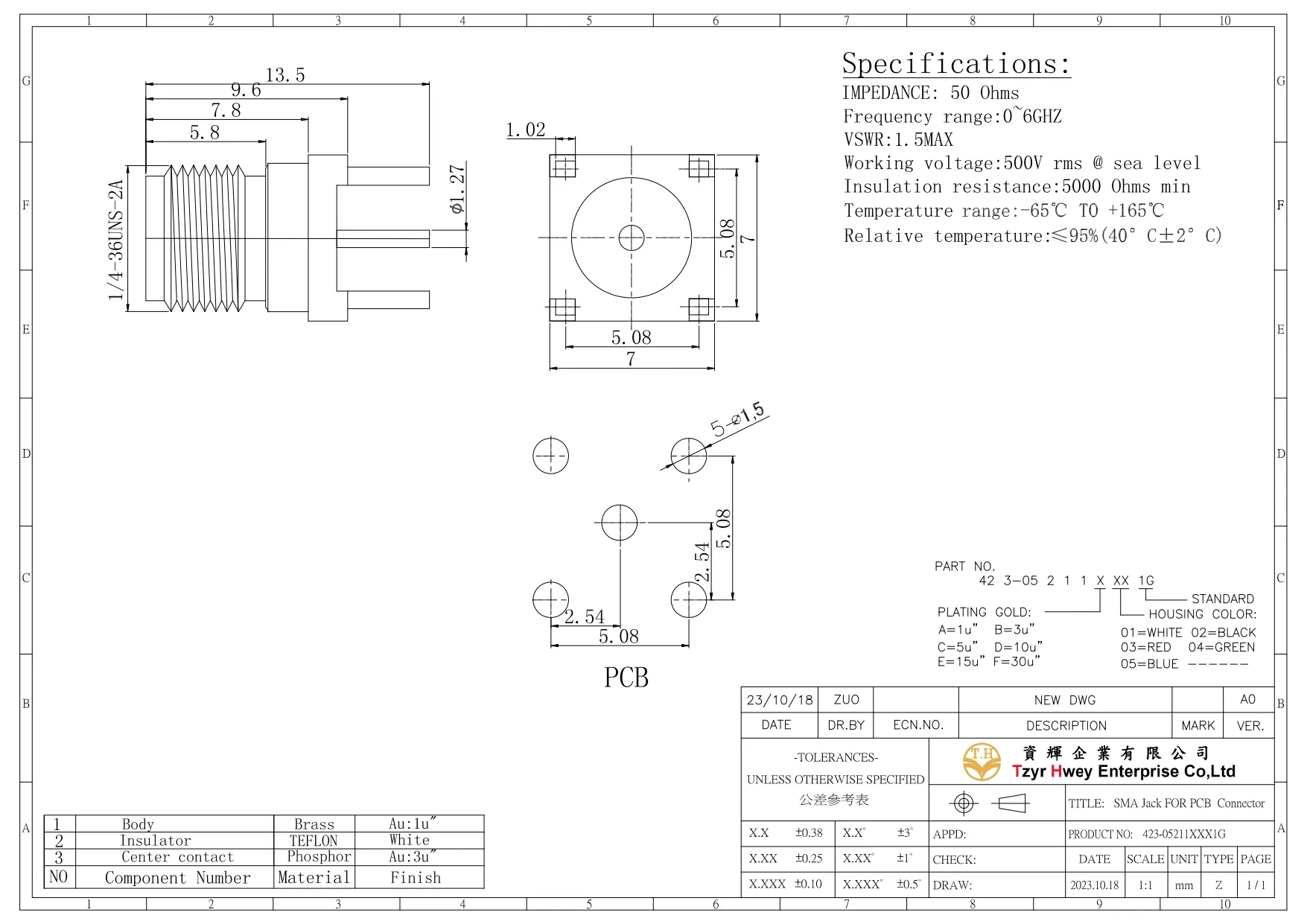 SMA Jack FOR PCB Conn VERITICAL