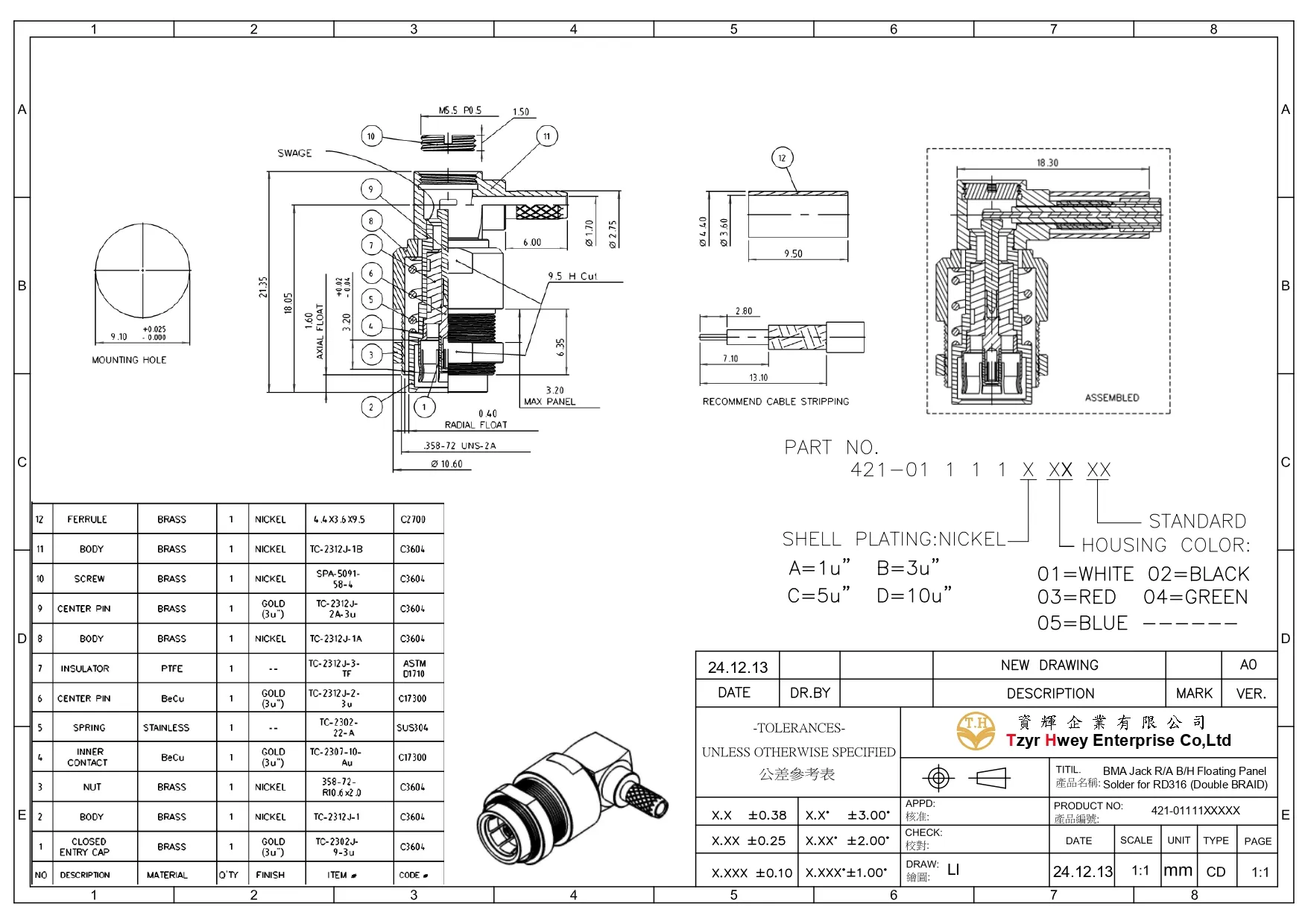 BMA Jack RA BH Floating Panel Solder for RD316 (Double BRAID)