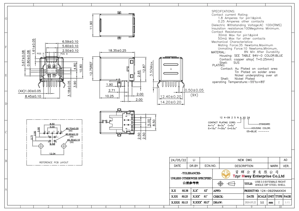 USB 3.0 B FEMALE RIGHT ANGLE DIP STEEL SHELL H12.87